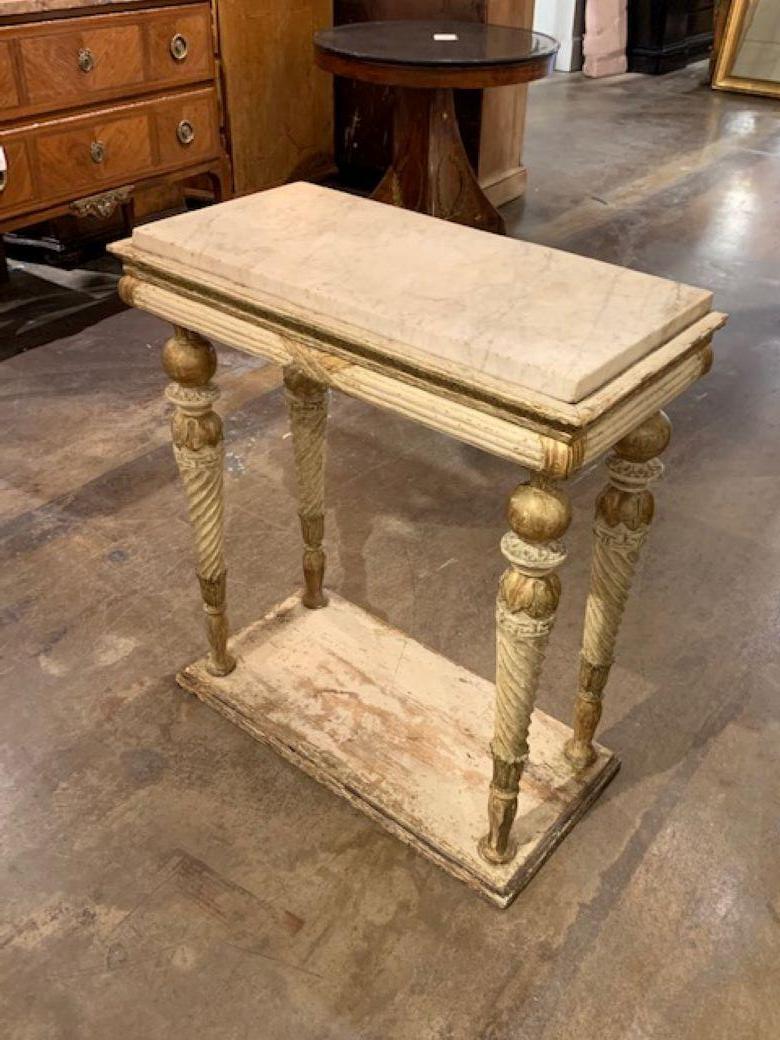 Beautiful 18th century Swedish carved and painted console table with Carrara marble top. All original. Lovely carving and very fine patina on this piece!