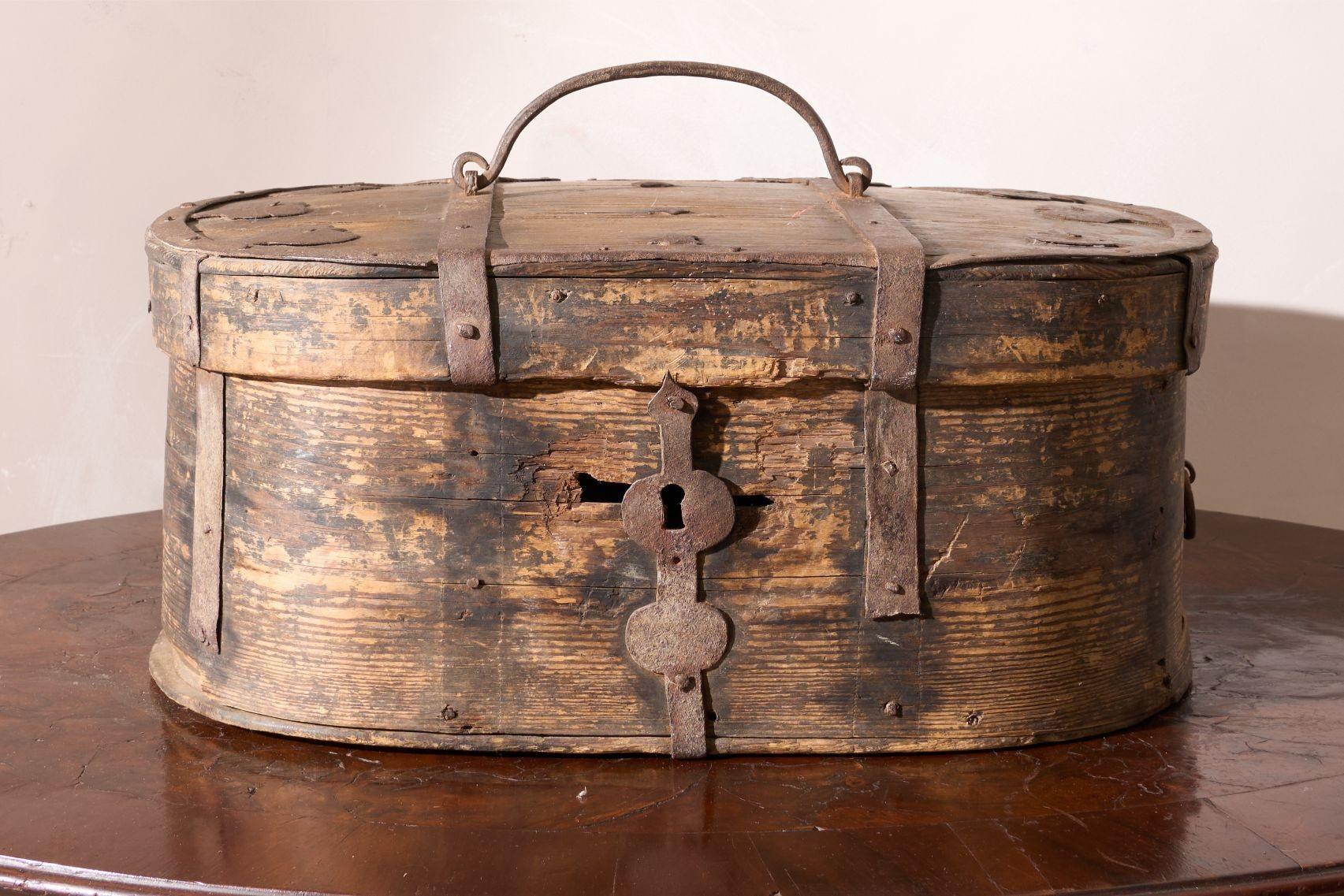 This is a stunning example of original 18th century Swedish folk art in the form of a marriage box. The patina and age are stunning and make this a very characterful decorative piece. The beautiful iron work as well with star details.
Hard to find