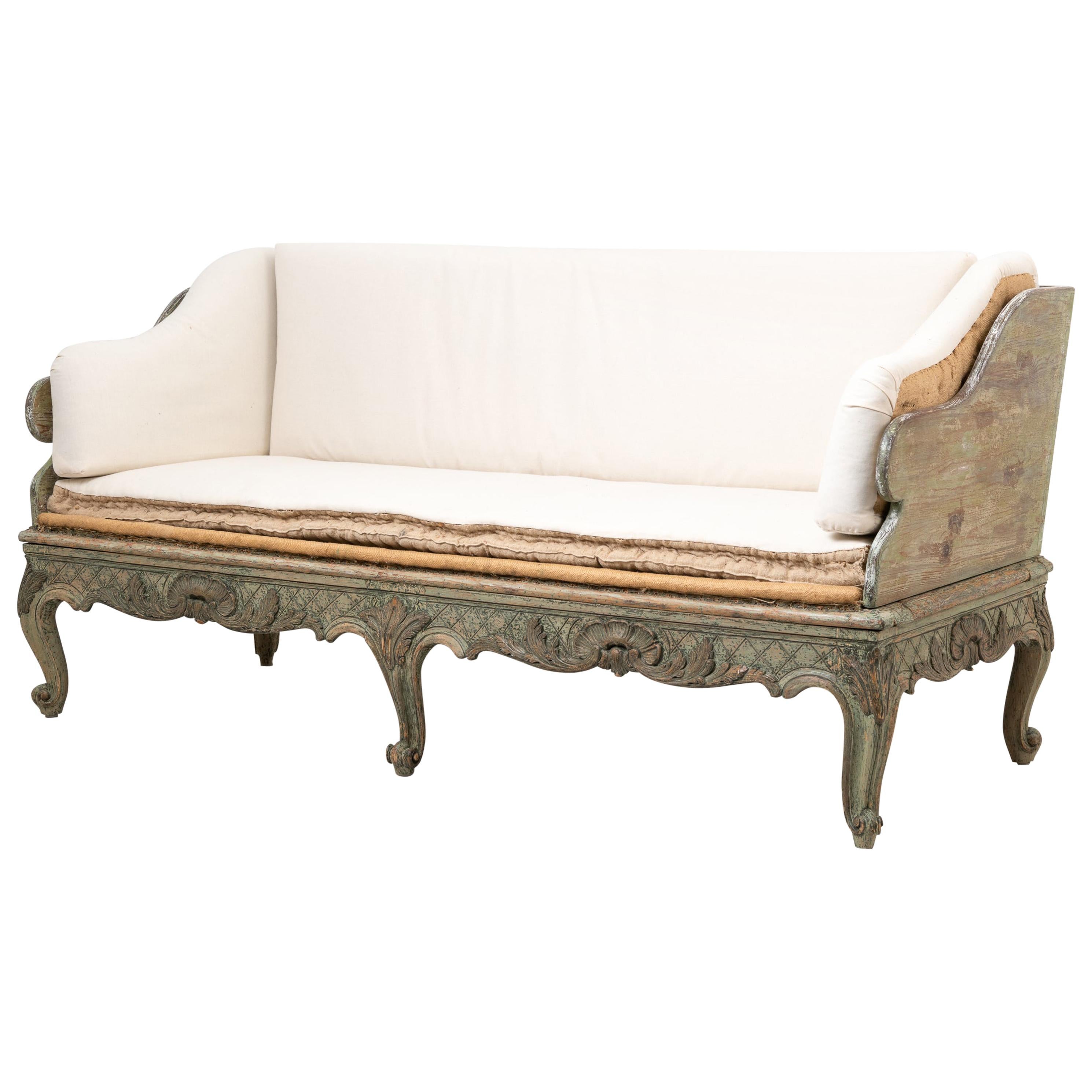 18th Century Swedish Green and White Rococo Sofa