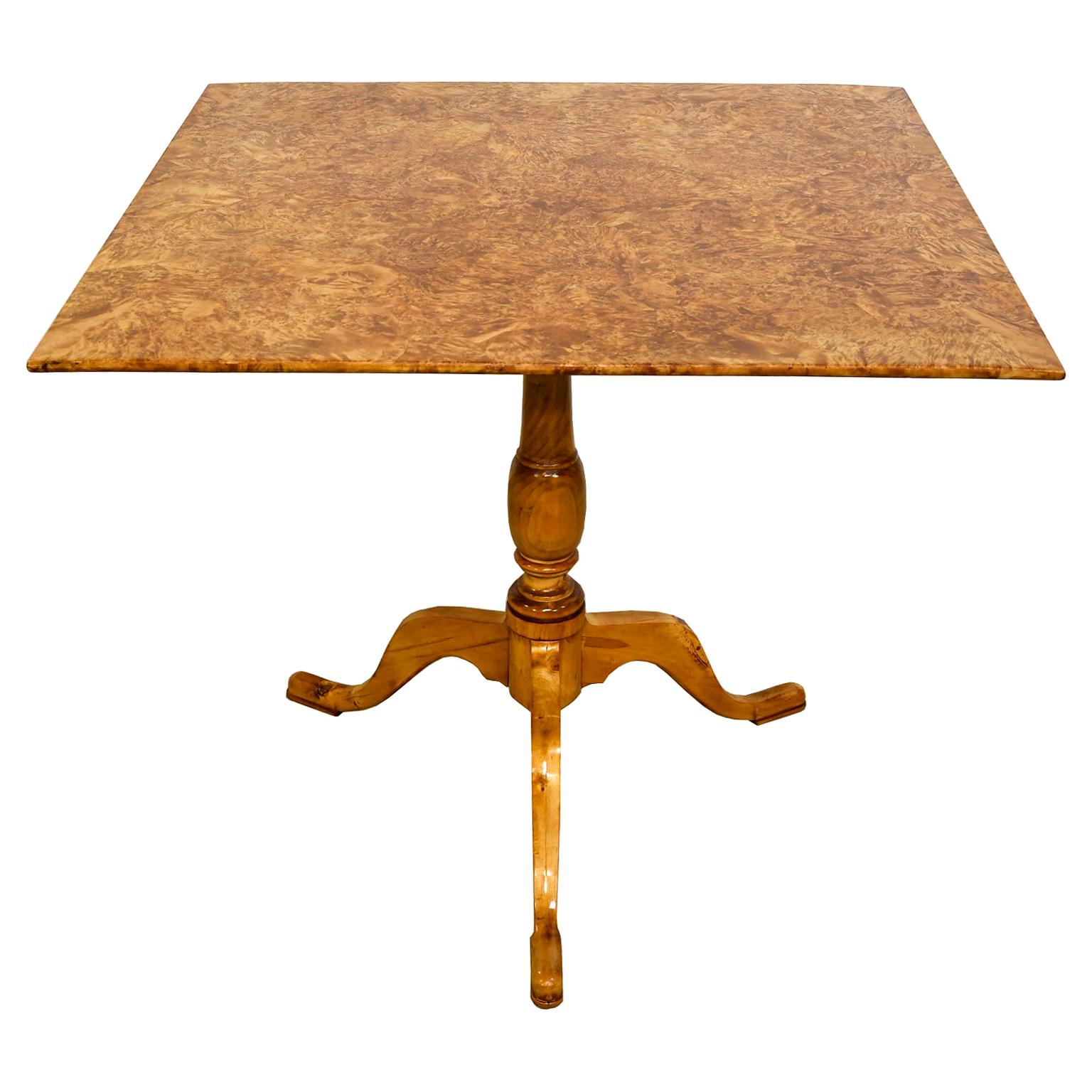 18th Century Swedish Gustavian Burl Birch Tilt-Top Square Table on Pedestal Base