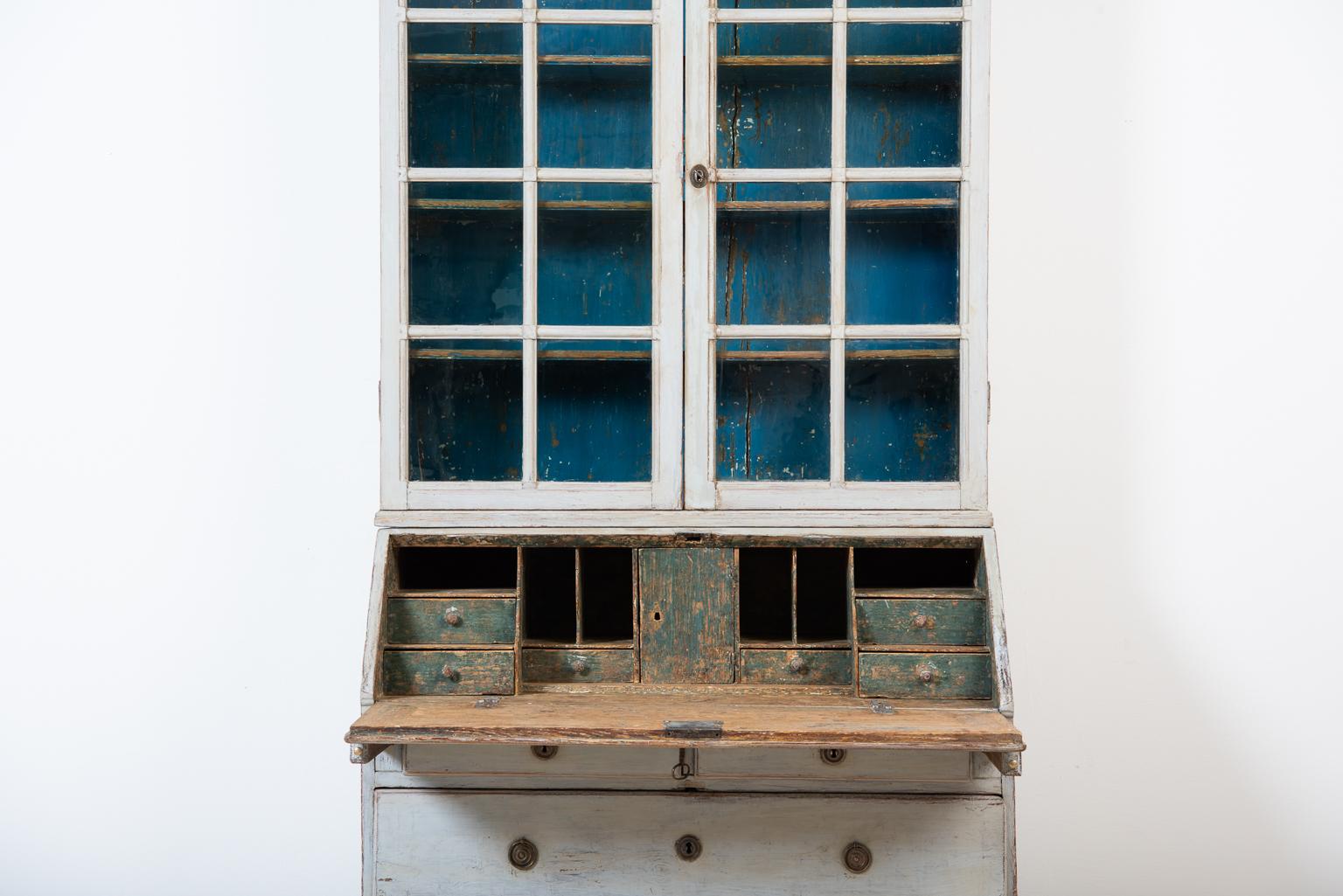Hand-Painted 18th Century Swedish Gustavian Glass Top Writers Cabinet