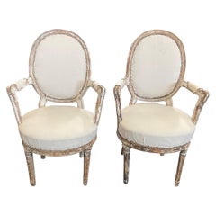 18th Century Swedish Gustavian Hand Carved Scraped Pine Pair Of Armchairs