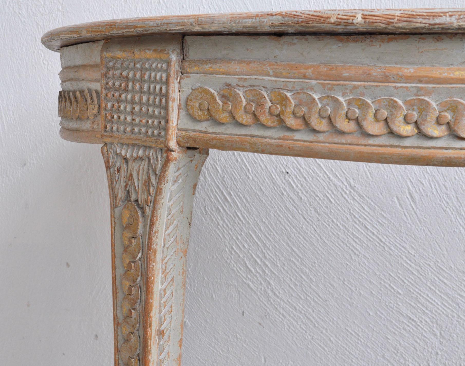 Hand-Carved 18th Century Swedish Gustavian Period Demilune Console Table in Original Paint
