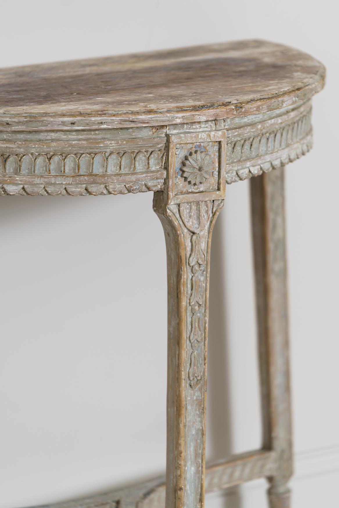 Hand-Carved 18th Century Swedish Gustavian Period Demilune Console Table in Original Paint