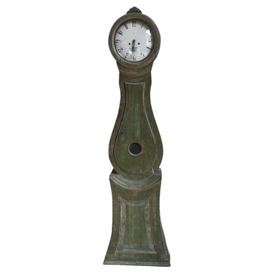 18th Century and Earlier 18th Century Swedish Gustavian Rococo Mora Clock in Original Green Paint For Sale