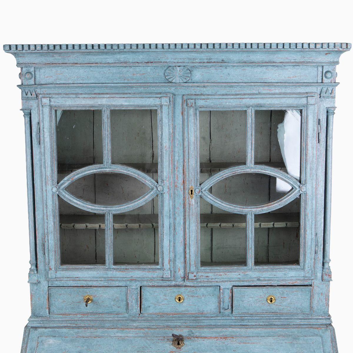 19th Century 18th Century Swedish Gustavian Secretary in Blue Painted Pine For Sale