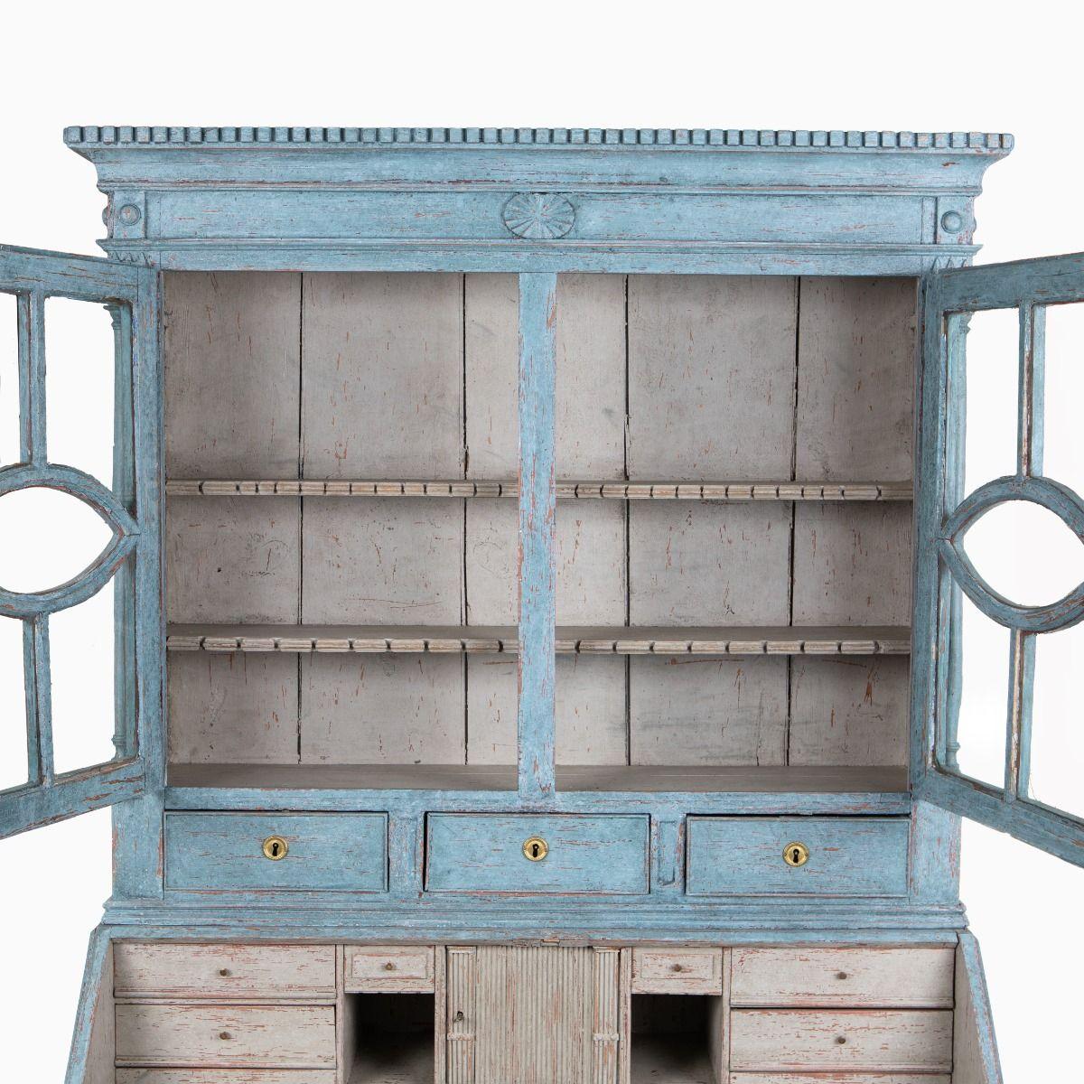 Brass 18th Century Swedish Gustavian Secretary in Blue Painted Pine For Sale