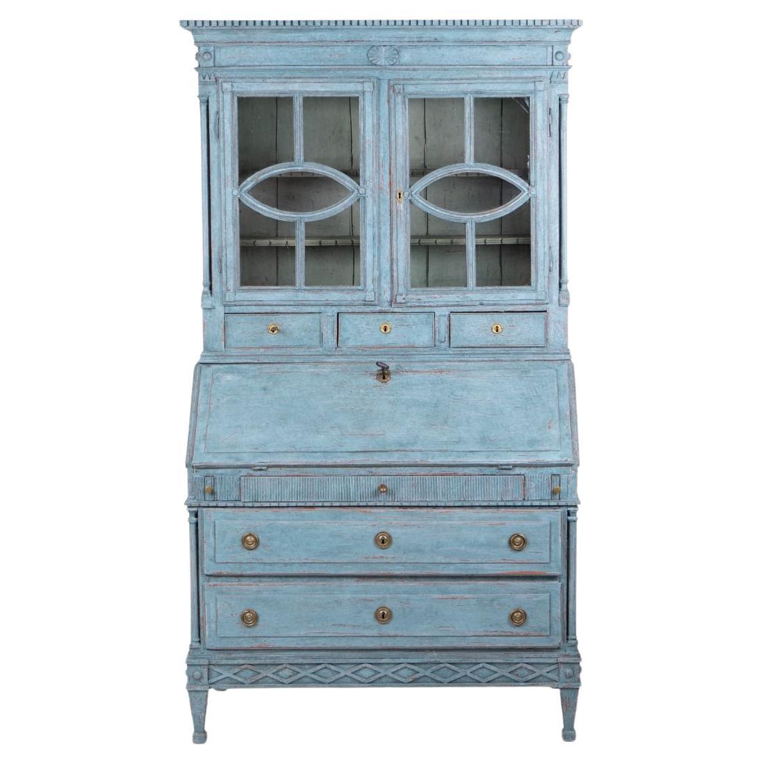 18th Century Swedish Gustavian Secretary in Blue Painted Pine For Sale