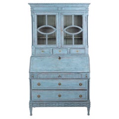 18th Century Swedish Gustavian Secretary in Blue Painted Pine