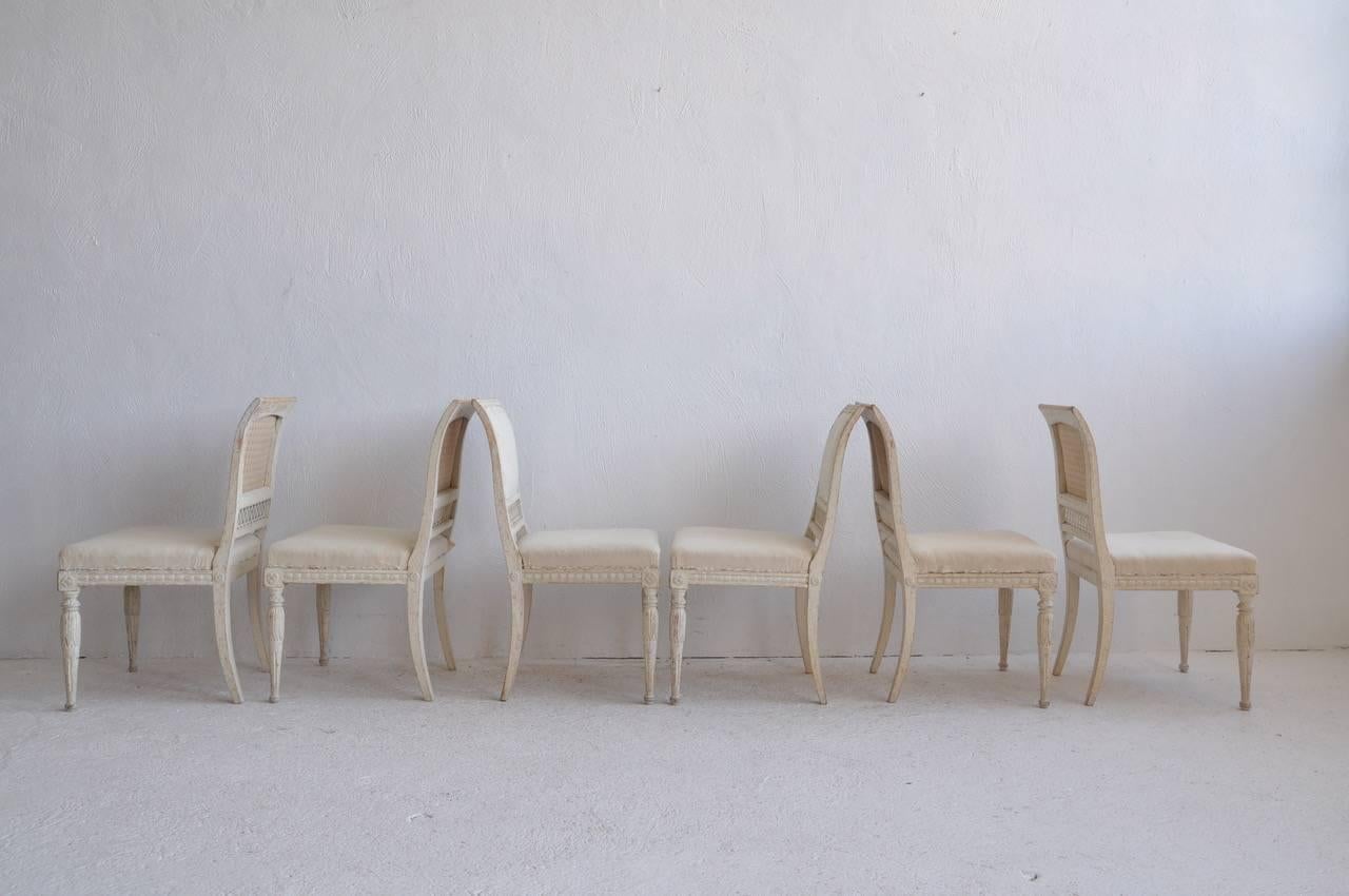 Fabric 18th Century Swedish Gustavian Set of Six Original Paint Chairs from Stockholm