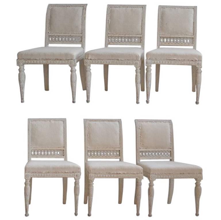 18th Century Swedish Gustavian Set of Six Original Paint Chairs from Stockholm