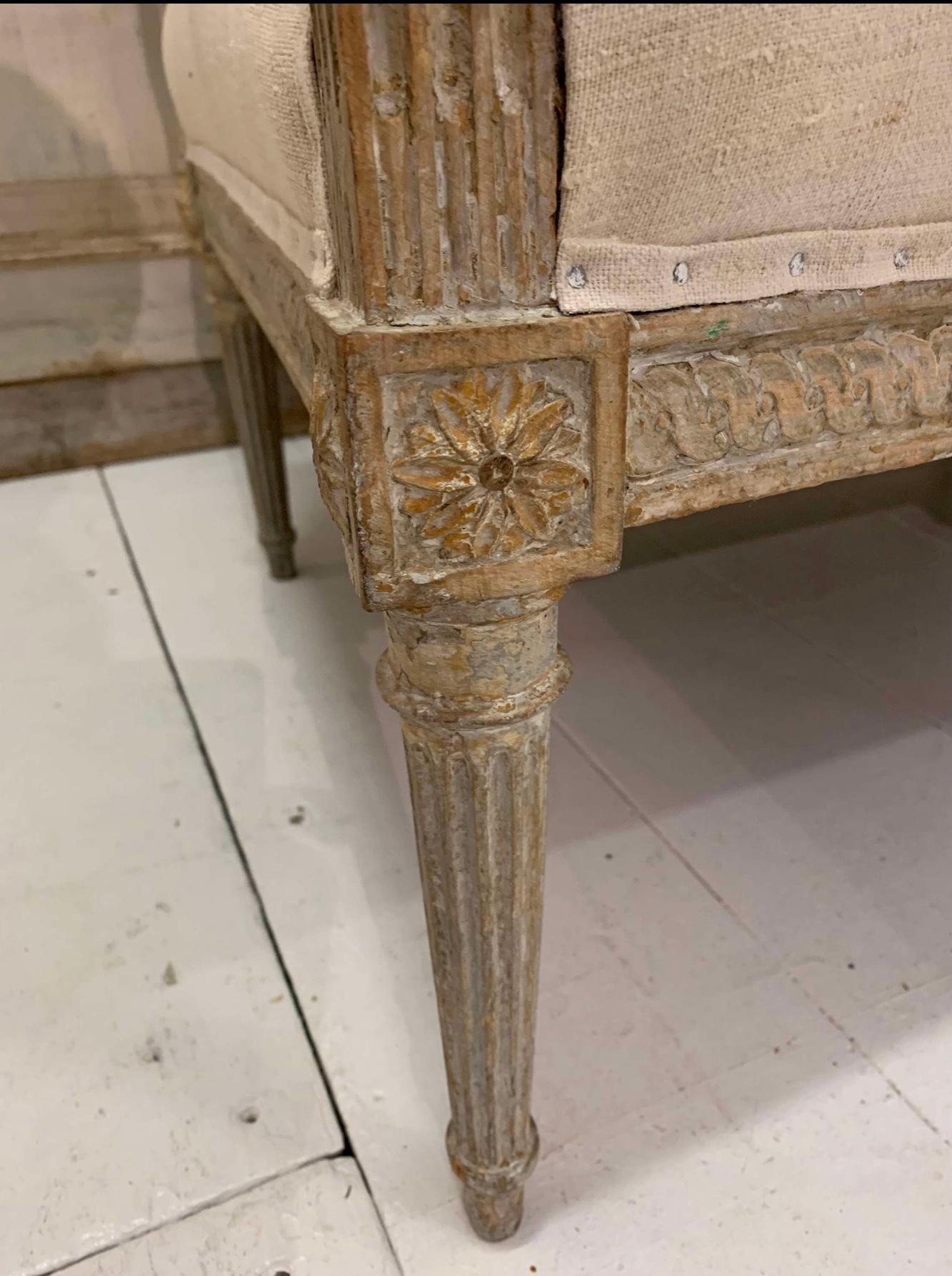 Pine 18th century Swedish Gustavian sofa original paint upholstered in French linen