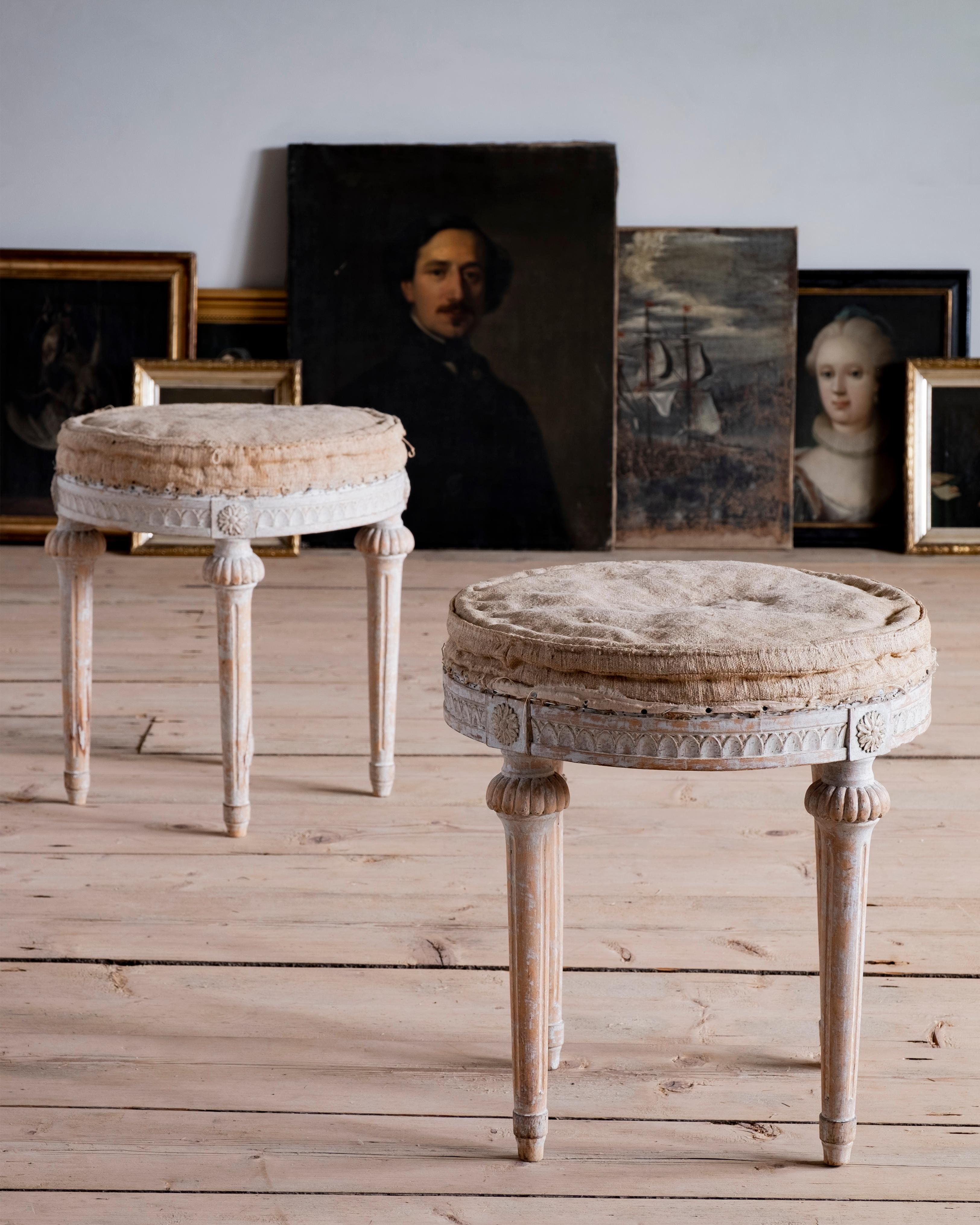 Exceptional pair of unusually large round Gustavian stools in their original finish and seat cushion, circa 1790, Sweden.

Very good condition with wear consistent with age and use. A detailed condition report is available on request. 

 
