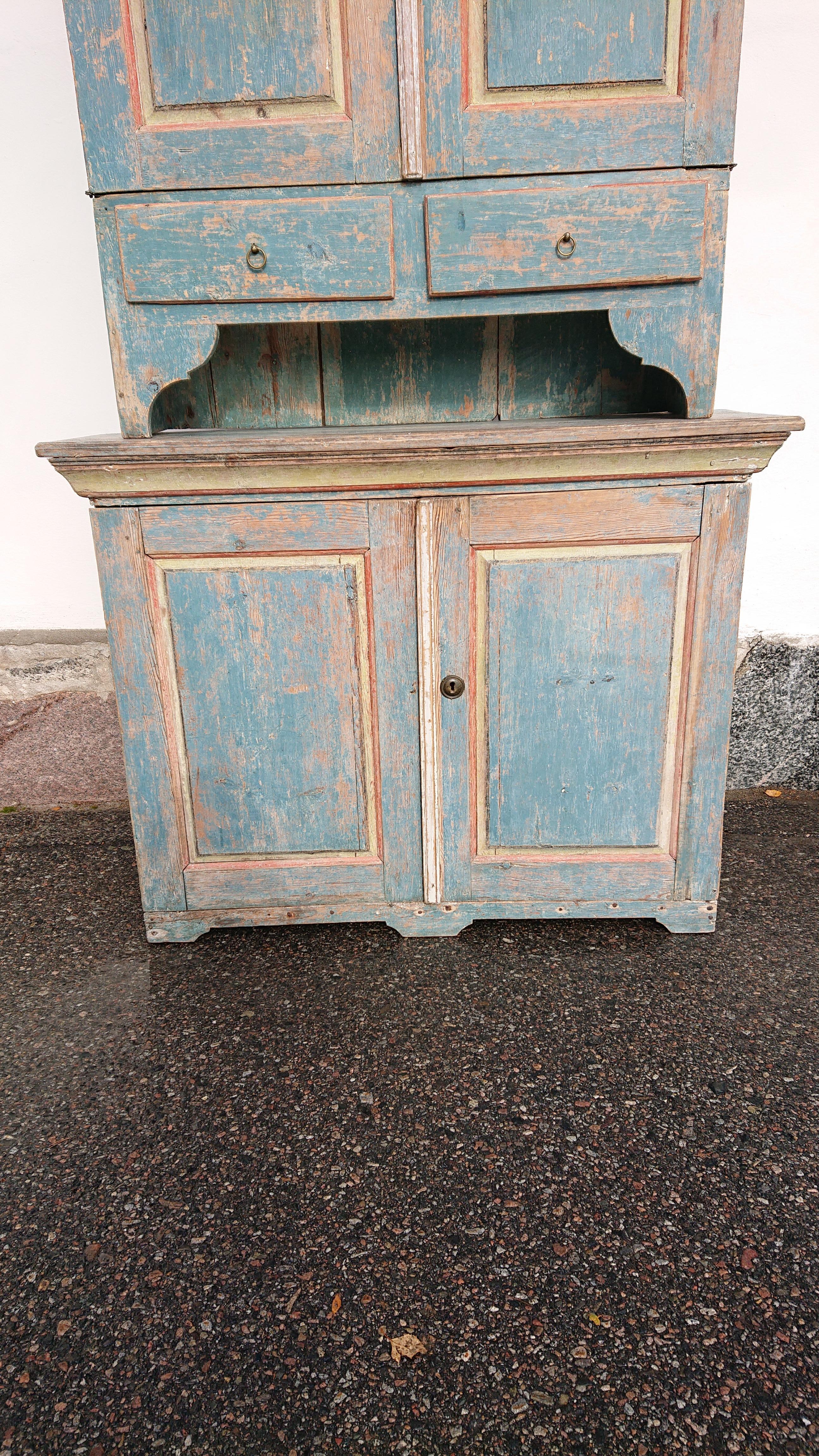 Hand-Carved 18th Century Swedish Late Baroque Cabinet with Original Paint Northern Sweden For Sale