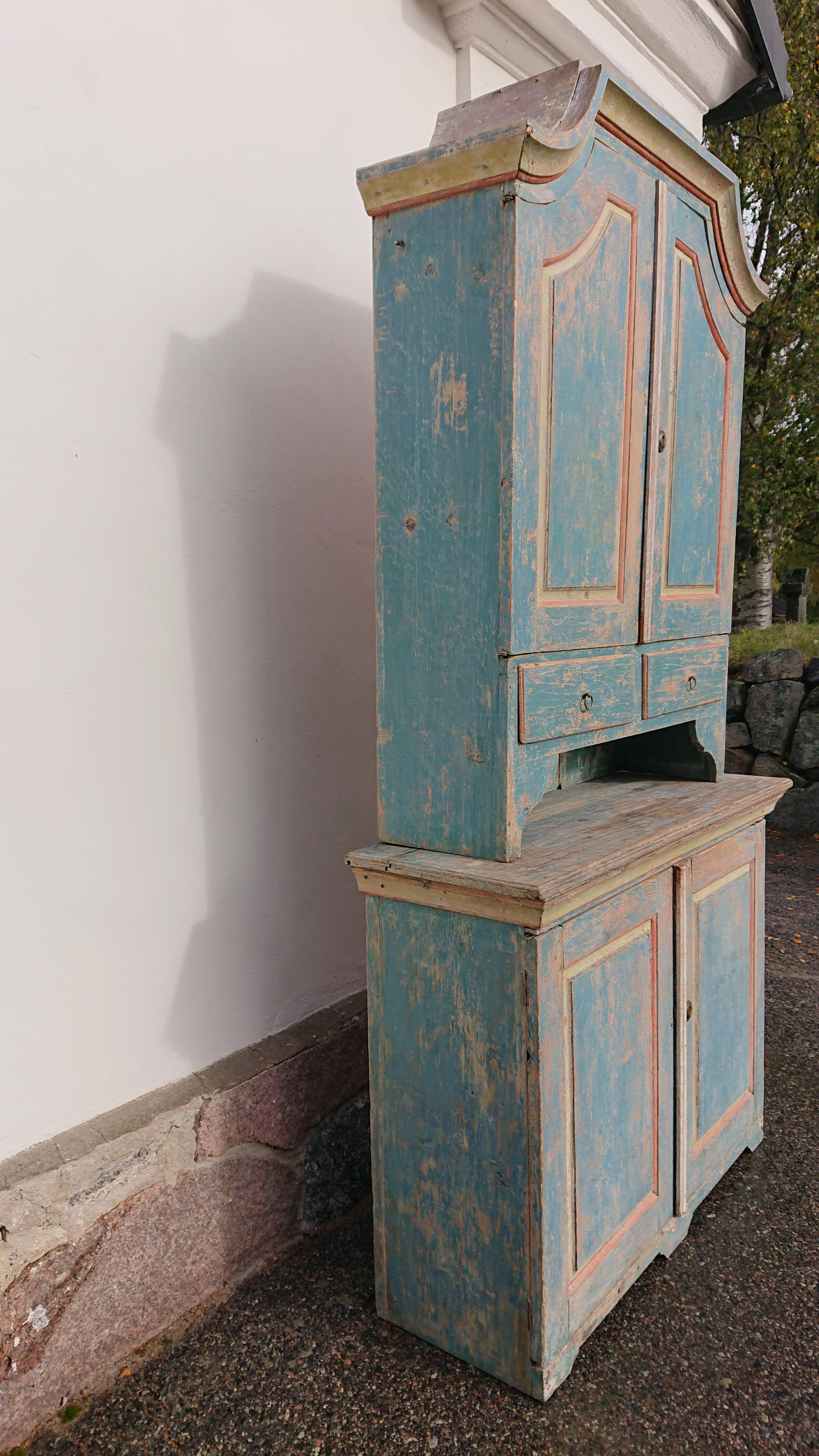 Pine 18th Century Swedish Late Baroque Cabinet with Original Paint Northern Sweden For Sale