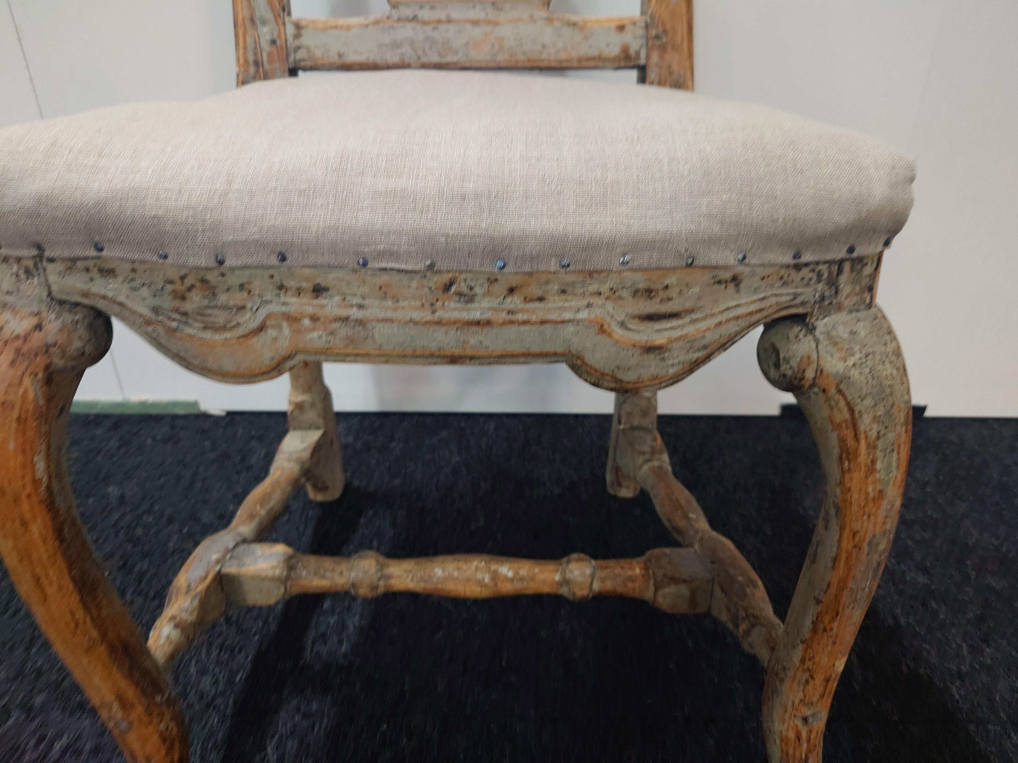 A fantastic mid 18th Century very genuine & rustic Late Baroque Chair from Umeå Västerbotten ,Northern Sweden.
The chair is scraped by hand to its original color.
The seat is reupholstered in linen fabric
The chair is stable in construction.
Made in