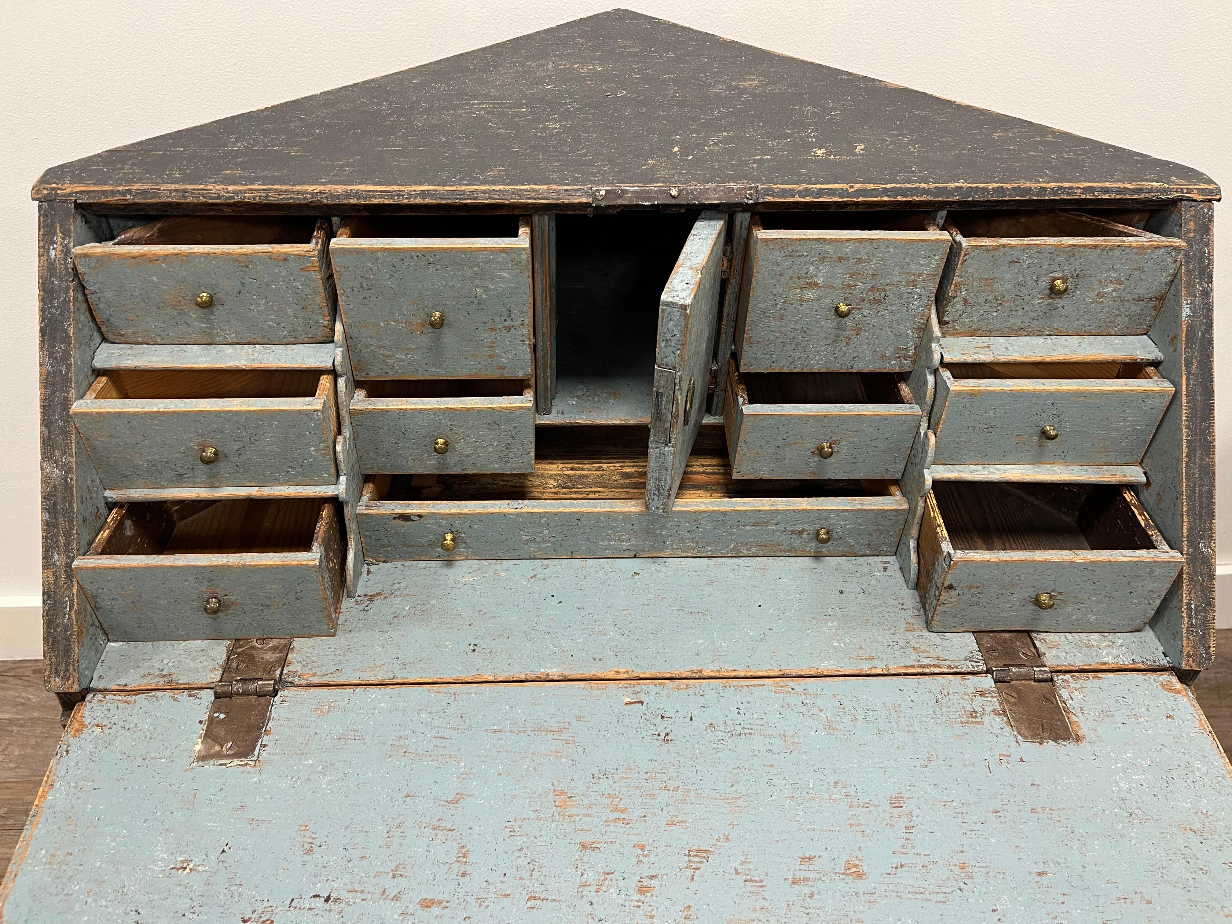 Hand-Carved 18th Century Swedish Rococo Slant Front Corner Desk For Sale