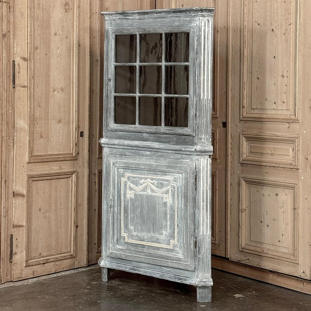 18th Century Swedish Neoclassical Painted Corner Vitrine ~ Curio Cabinet is the perfect choice to decorate and utilize what is usually dead space in a room ~ the corner!  Hand-crafted, then sculpted and painted to highlight the carvings, it features