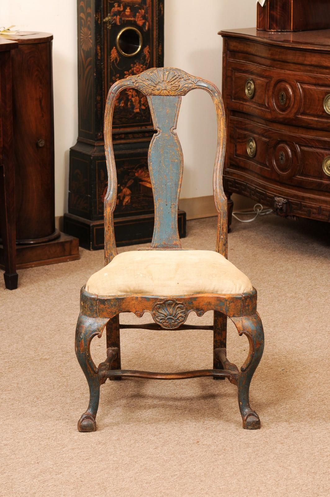 18th Century Swedish Painted Blue Side Chair with Shell Carving, Slip Seat For Sale 6