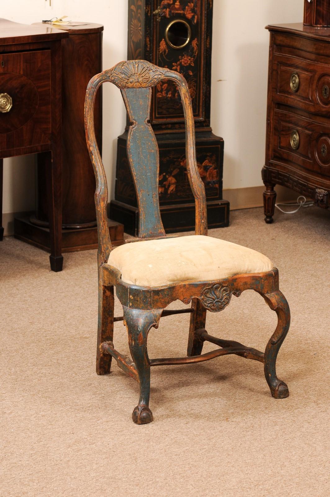 18th Century Swedish Painted Blue Side Chair with Shell Carving, Slip Seat & Cabriole Legs ending in Ball & Claw Feet
