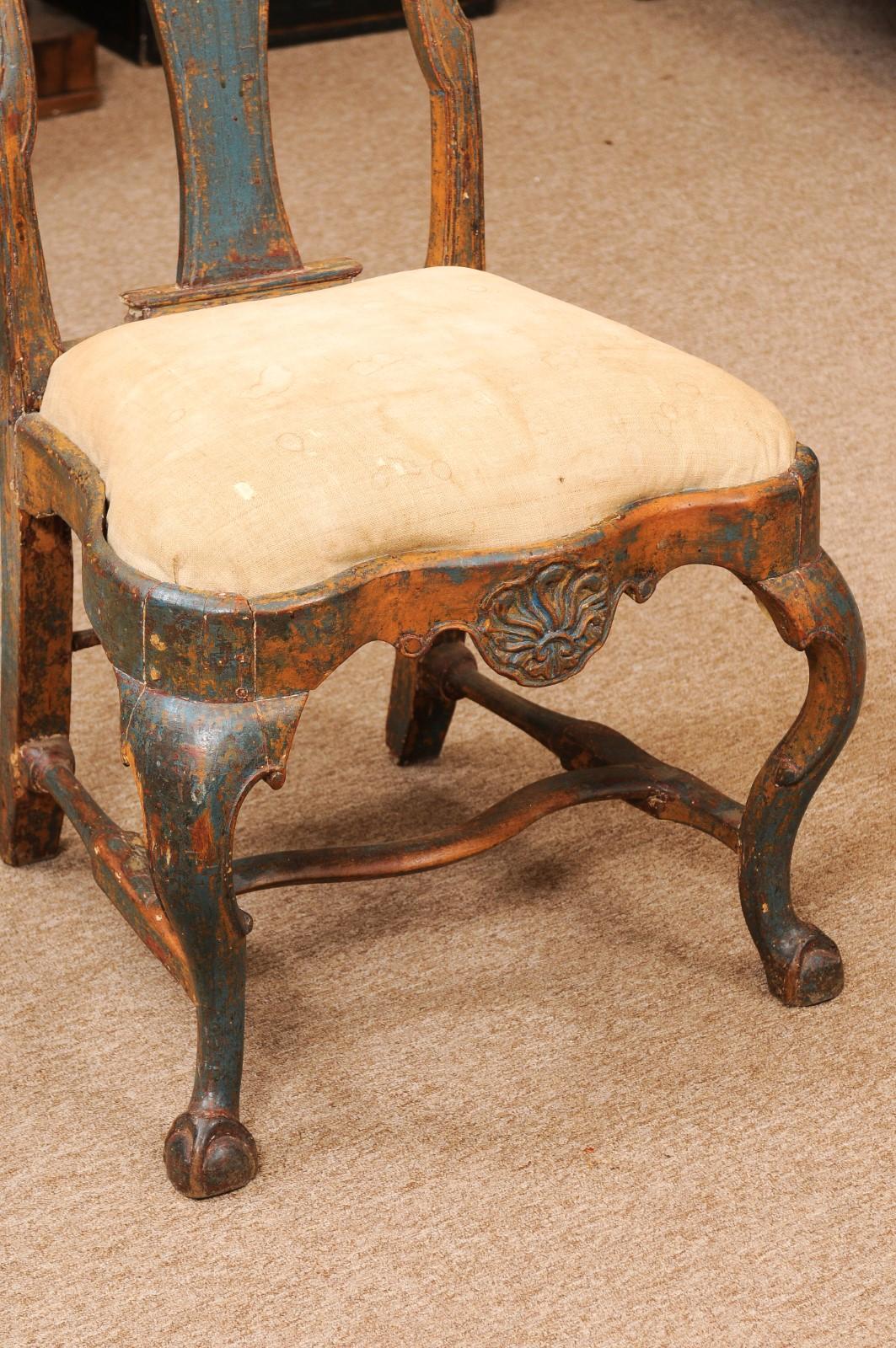 18th Century Swedish Painted Blue Side Chair with Shell Carving, Slip Seat In Fair Condition For Sale In Atlanta, GA