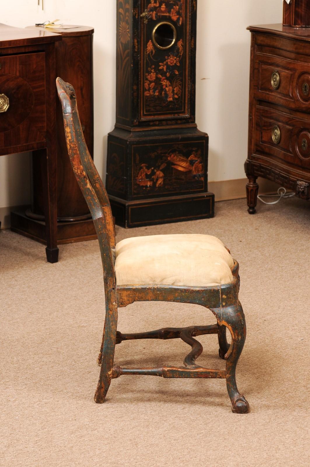 Upholstery 18th Century Swedish Painted Blue Side Chair with Shell Carving, Slip Seat For Sale
