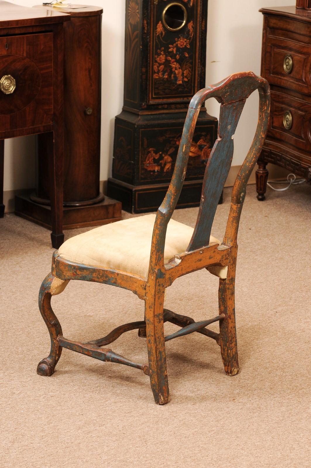 18th Century Swedish Painted Blue Side Chair with Shell Carving, Slip Seat For Sale 3
