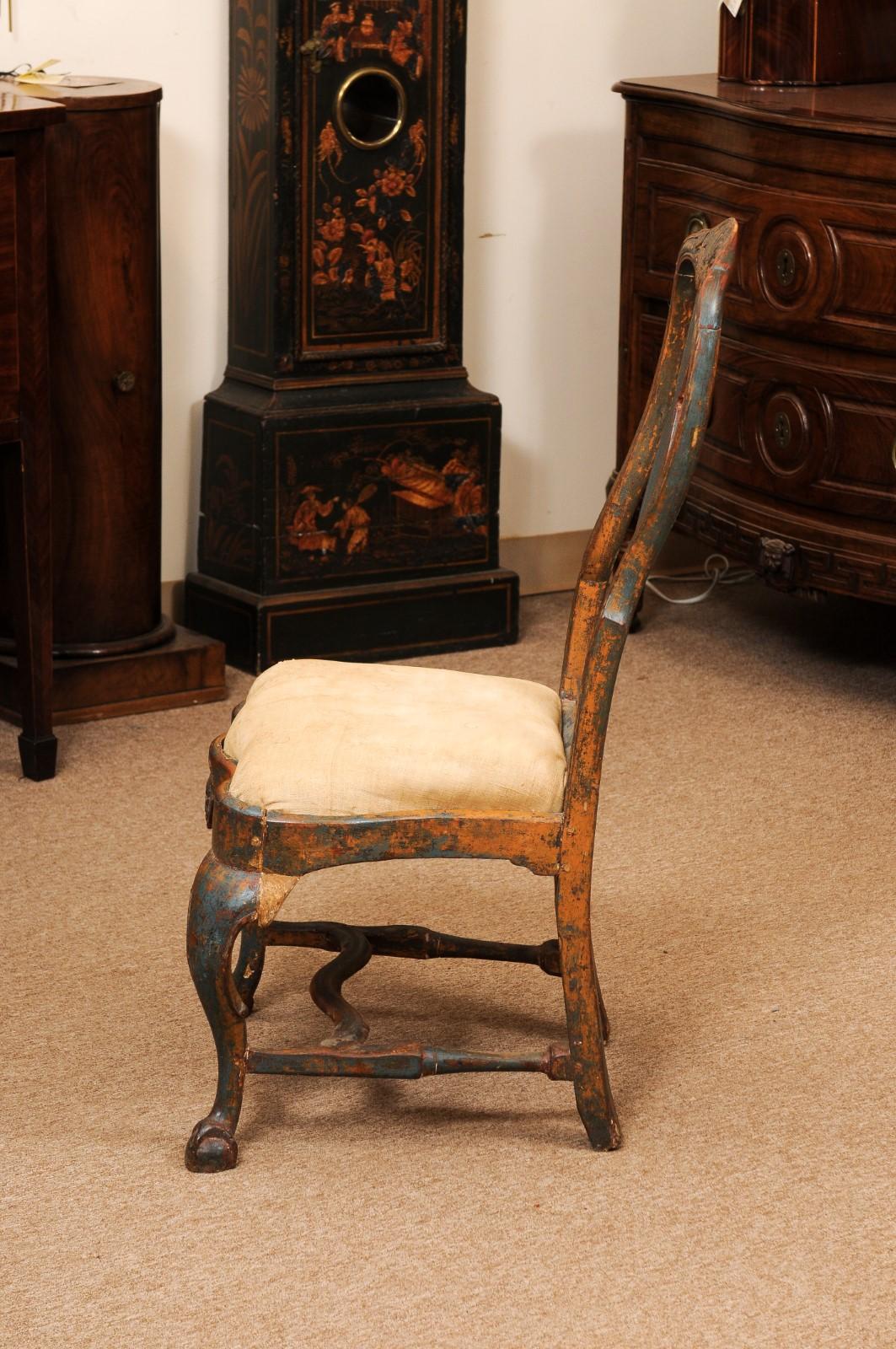 Schwedischer blau lackierter Beistellstuhl aus dem 18. Jahrhundert mit Muschelschnitzereien und Sitzensitz im Angebot 4