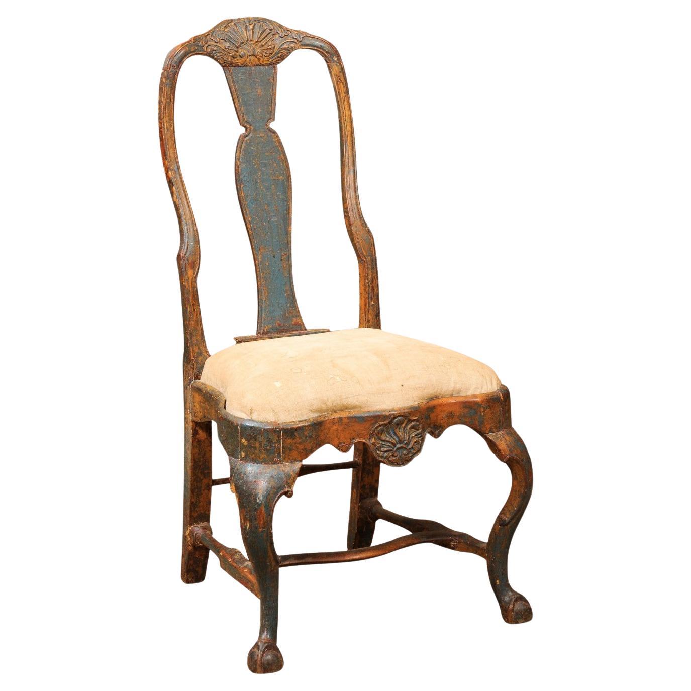 18th Century Swedish Painted Blue Side Chair with Shell Carving, Slip Seat