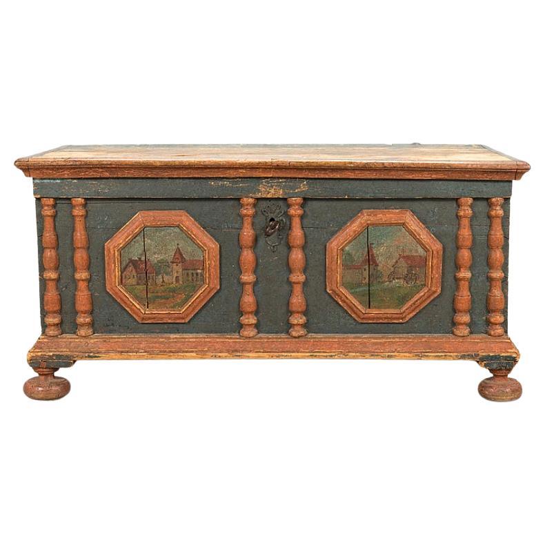 18th Century Swedish Painted Chest or Trunk with Scenic Panels to the Front