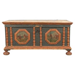 18th Century Swedish Painted Chest or Trunk with Scenic Panels to the Front