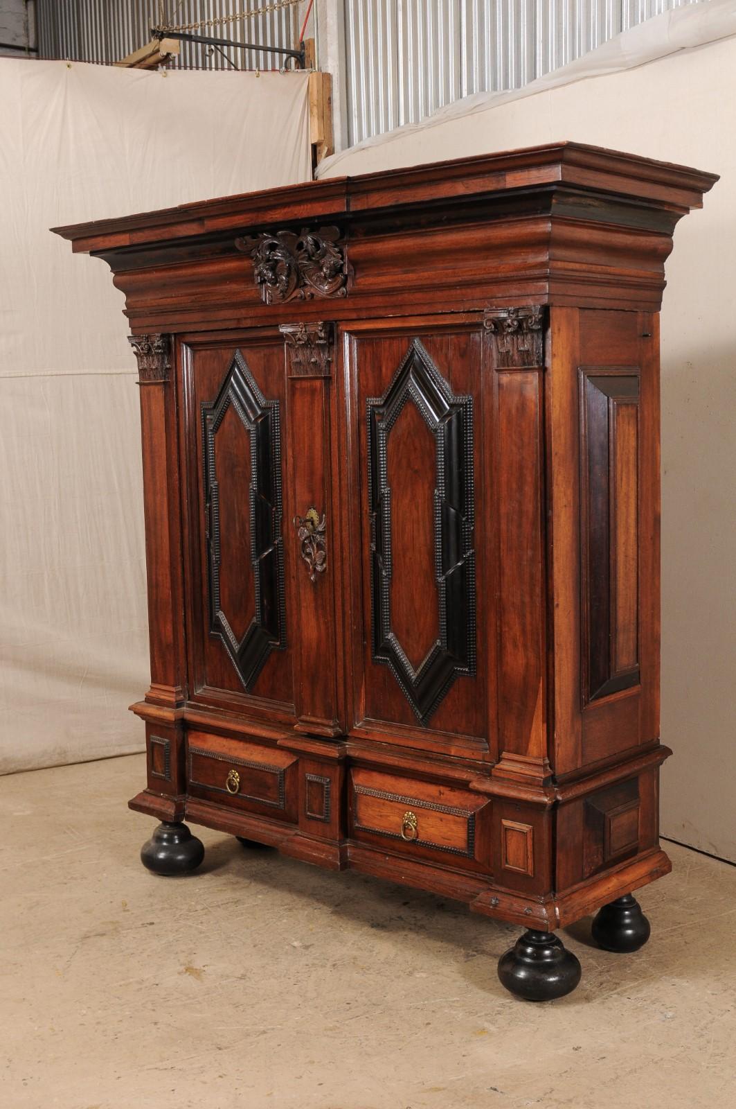 18th Century and Earlier An Early 18th Century Swedish Period Baroque Kas Cabinet with Ebonized Accents For Sale