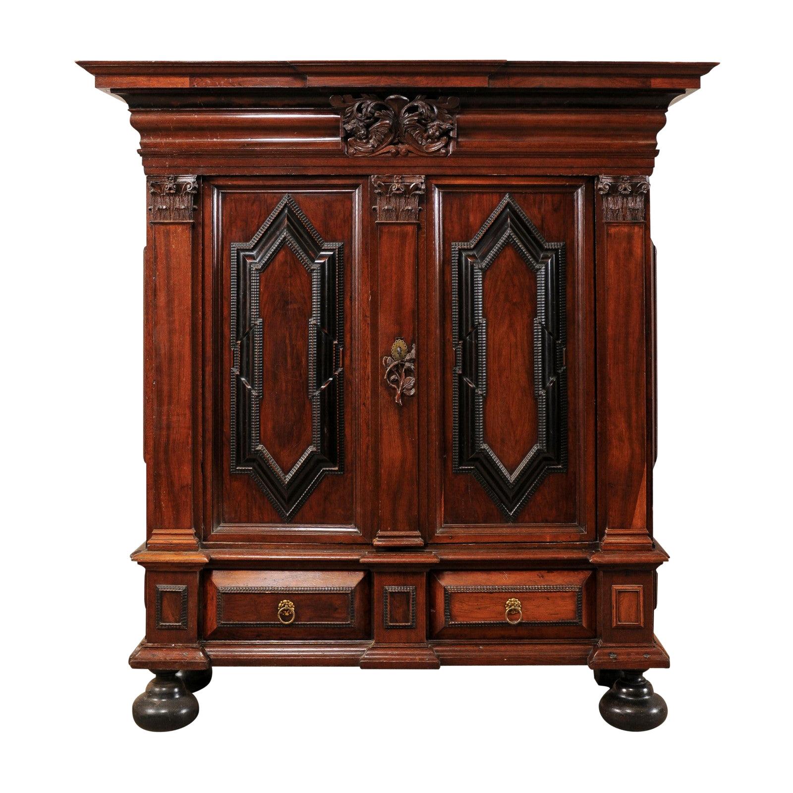 An Early 18th Century Swedish Period Baroque Kas Cabinet with Ebonized Accents For Sale