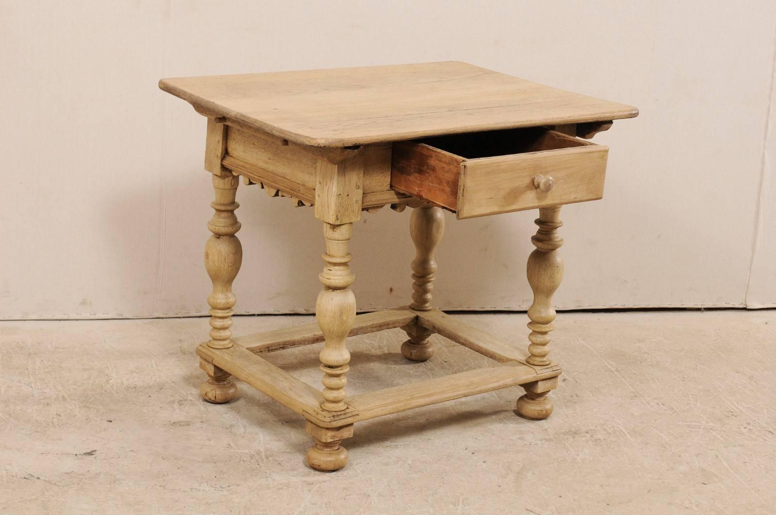 Bleached 18th Century Swedish Period Baroque Wood Side Table with Drawer on Turned Legs