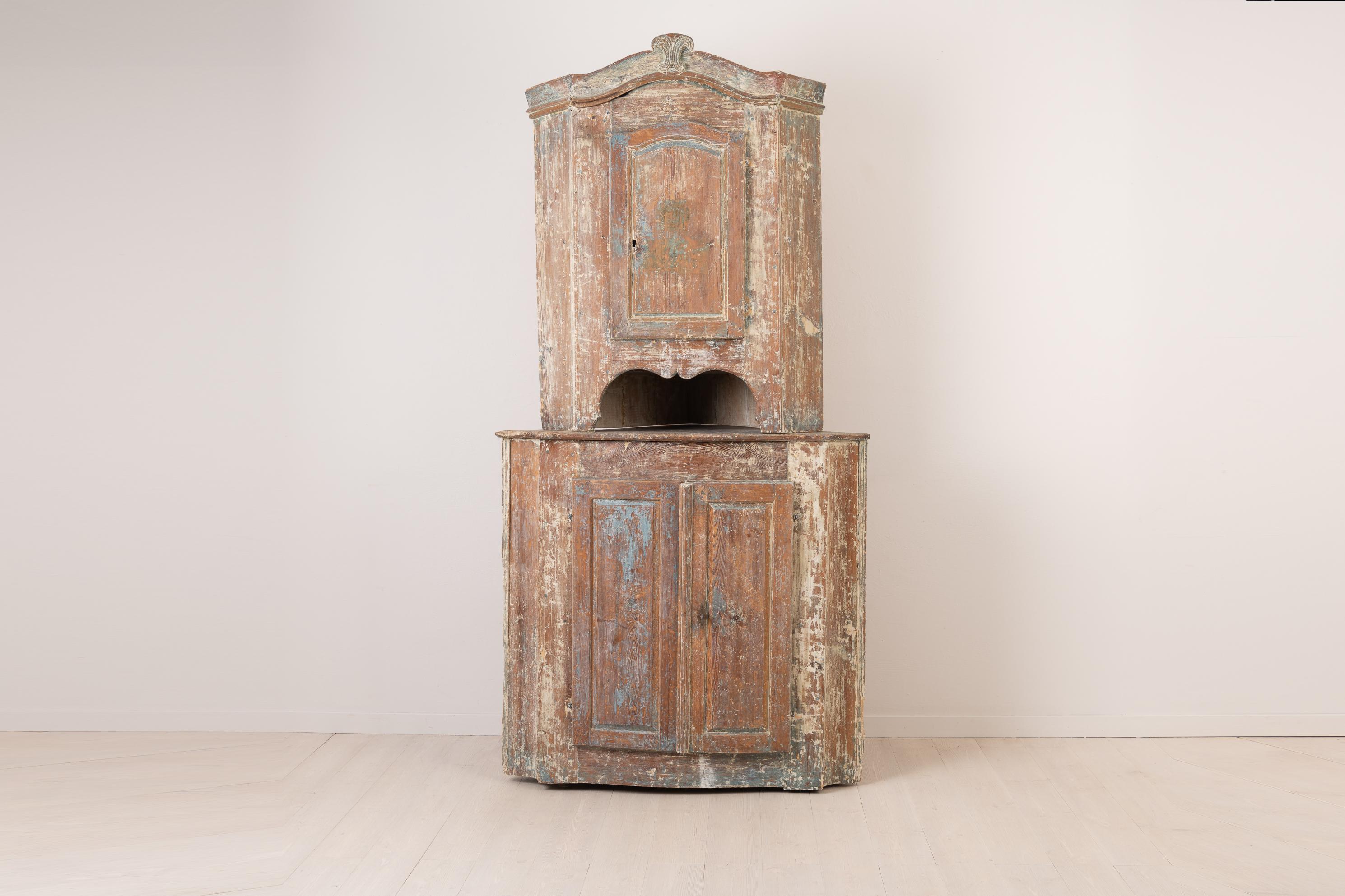 Hand-Crafted 18th Century Swedish Pine Rococo Corner Cabinet