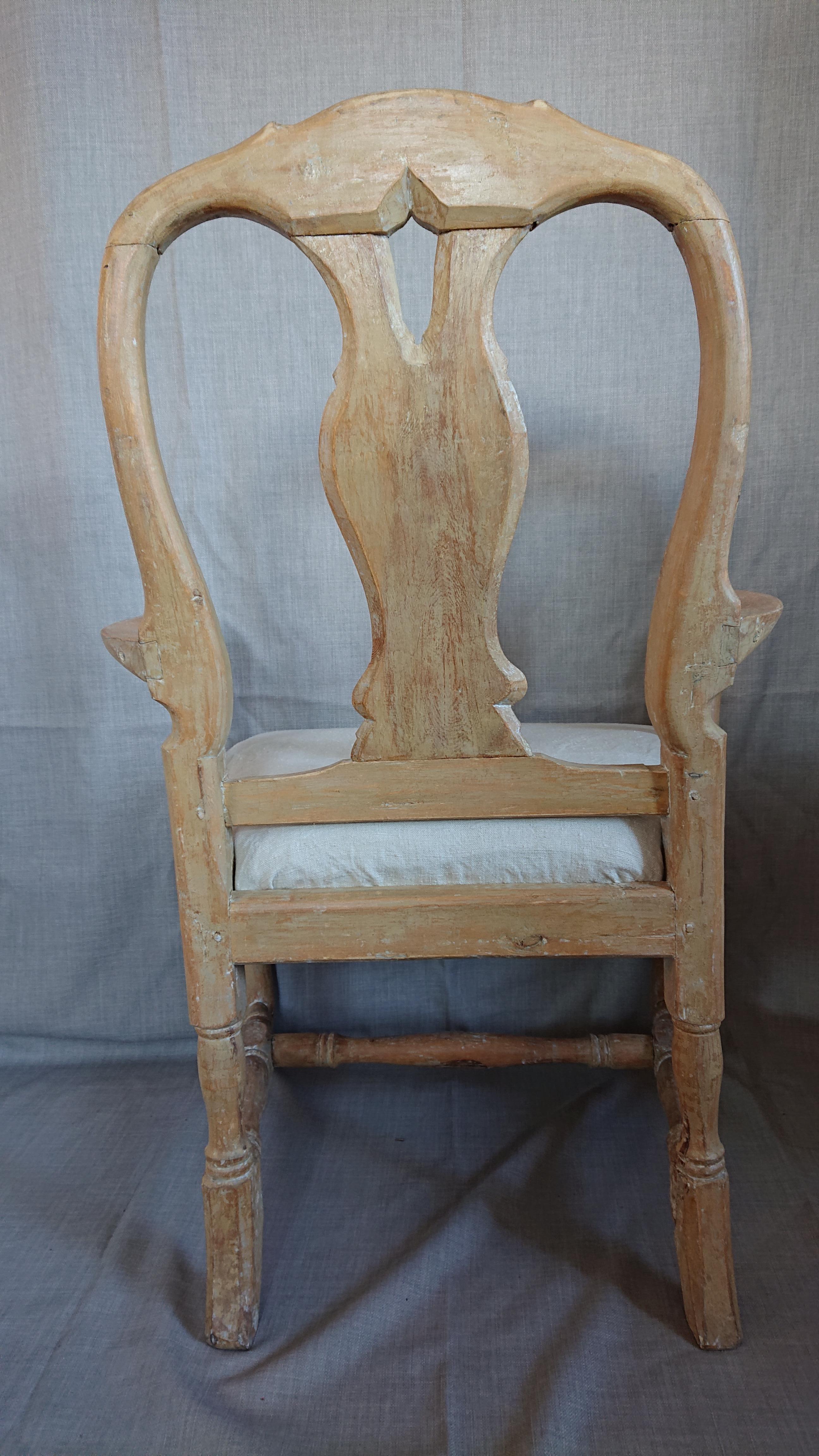 Pine 18th Century Swedish Rococo Arm Chair with Original Paint For Sale