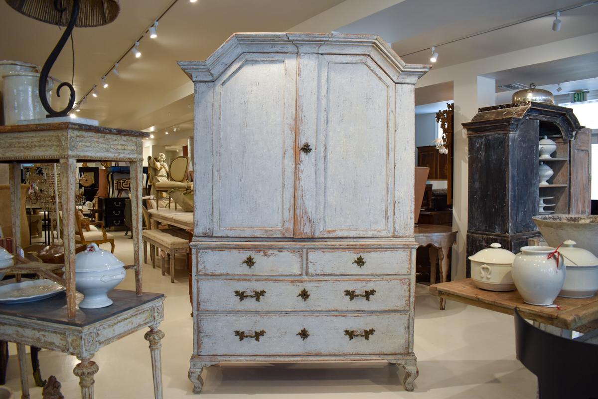 Wood 18th Century Swedish Rococo Cabinet or Buffet deux Corps - Pale Blue/Grey