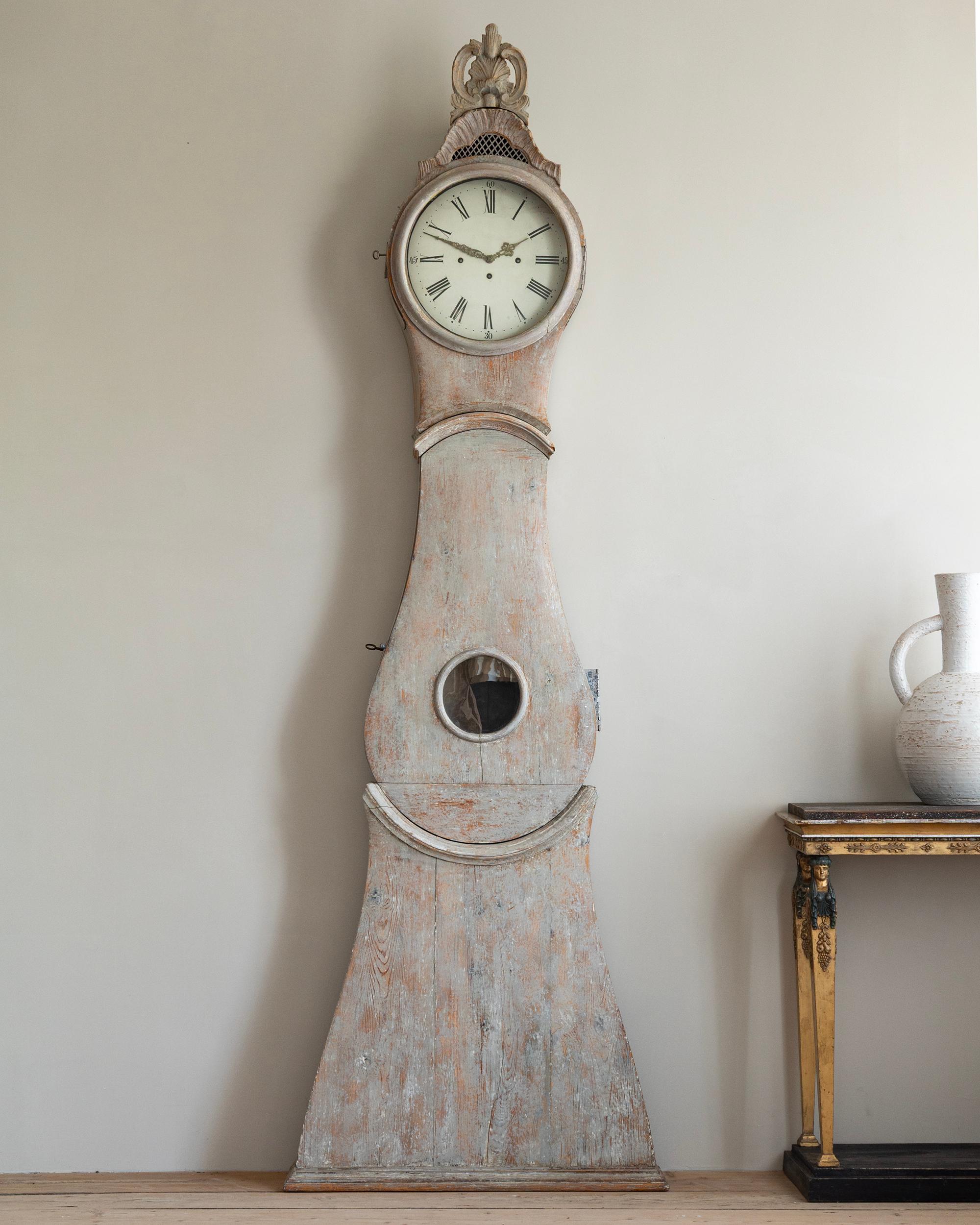 Unusually large 18th century Swedish tall case clock. Dry scraped and retouched with great patination. ca 1770 Sweden.

