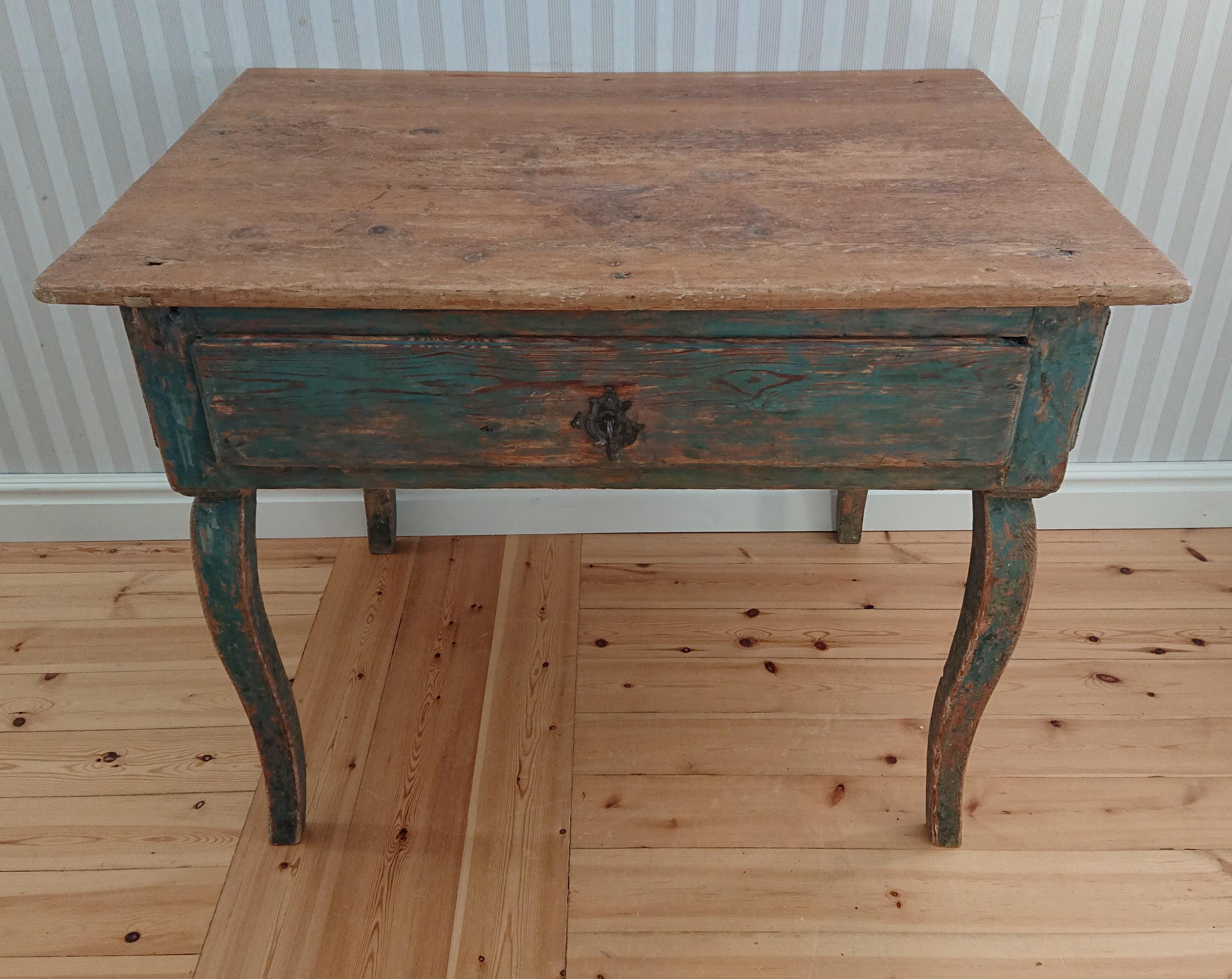 Hand-Carved 18th Century Swedish  Antique Rustic Rococo Desk/ Table with Original Paint For Sale
