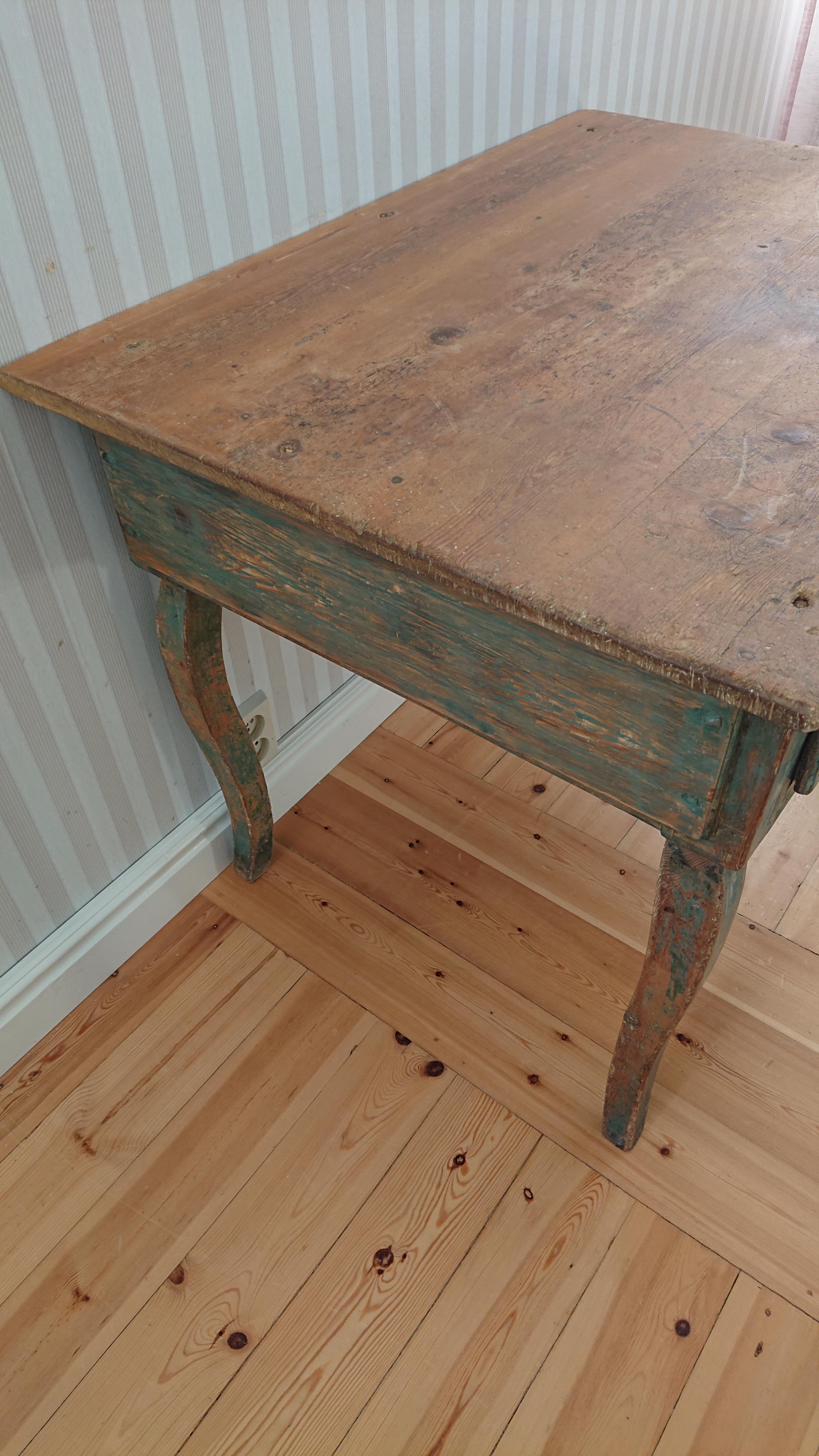 Pine 18th Century Swedish  Antique Rustic Rococo Desk/ Table with Original Paint For Sale