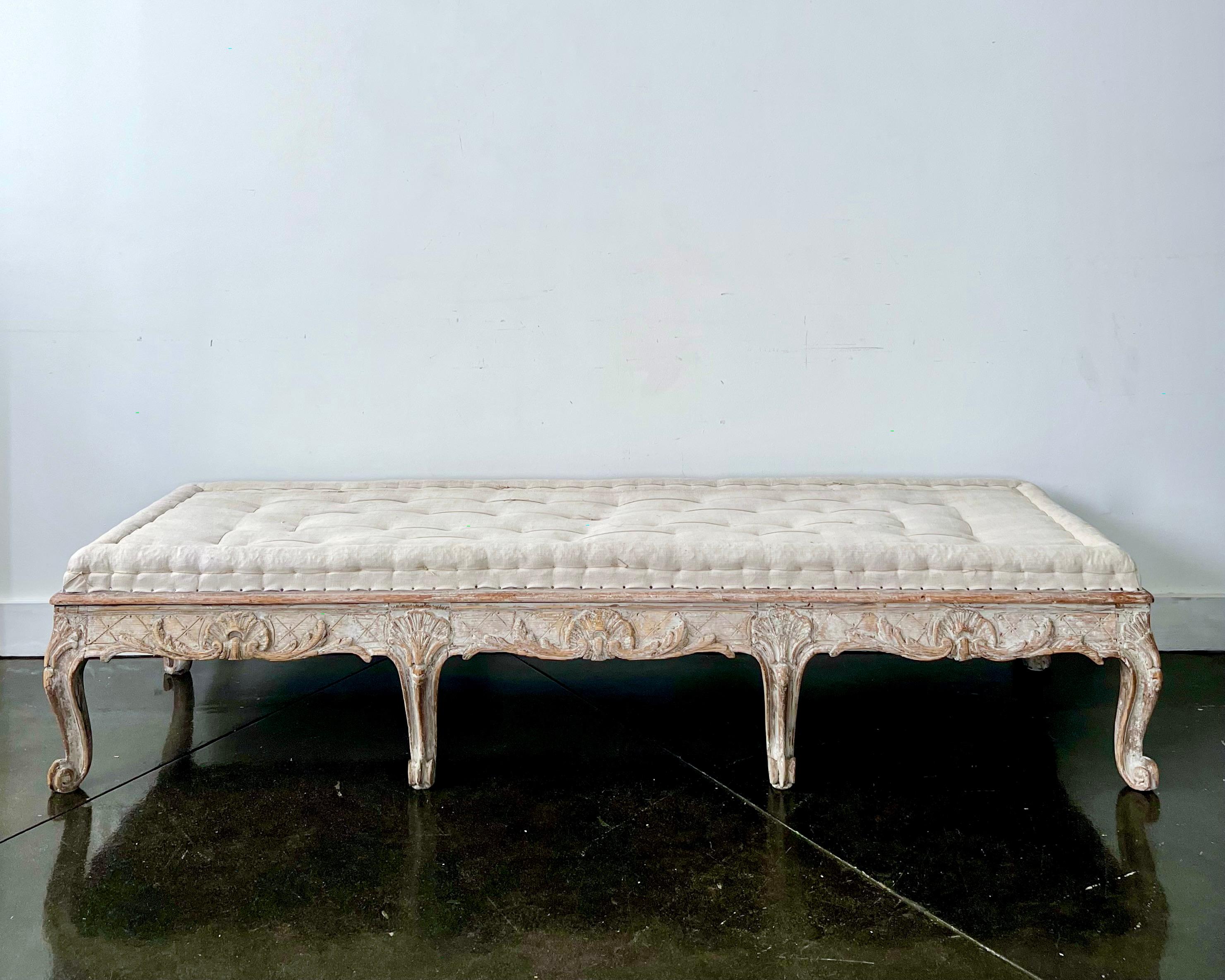 Hand-Carved 18th century Swedish Rococo Period Long Sofa Bench 1760 For Sale