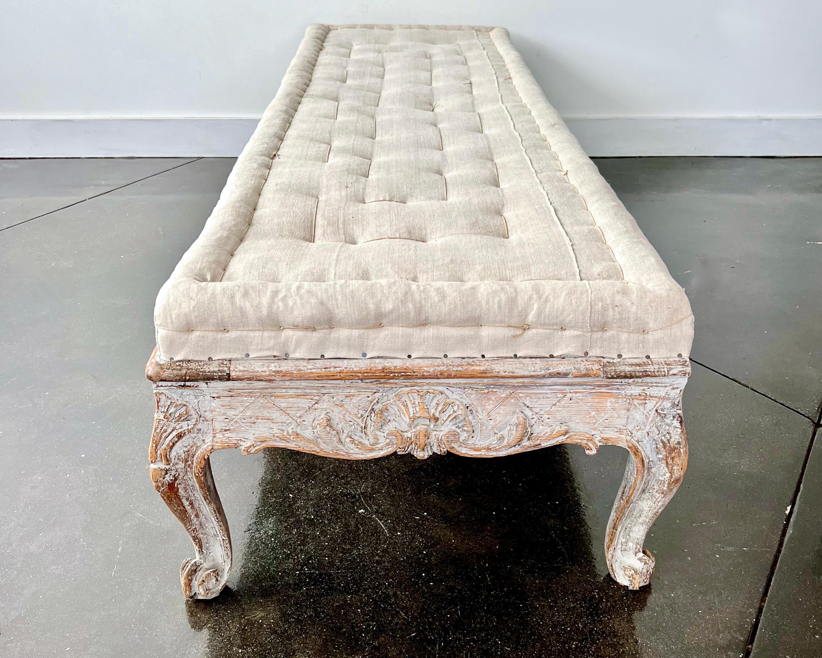 Linen 18th century Swedish Rococo Period Long Sofa Bench 1760 For Sale