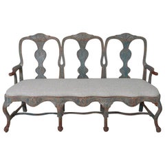 18th Century Swedish Rococo Settee from Lindome, Sweden in Original Blue Paint