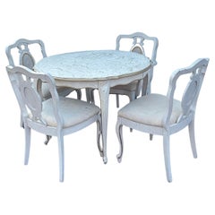 Antique 18th Century Gustavian Swedish Rococo White Washed Dining Chairs Table, Set of 5