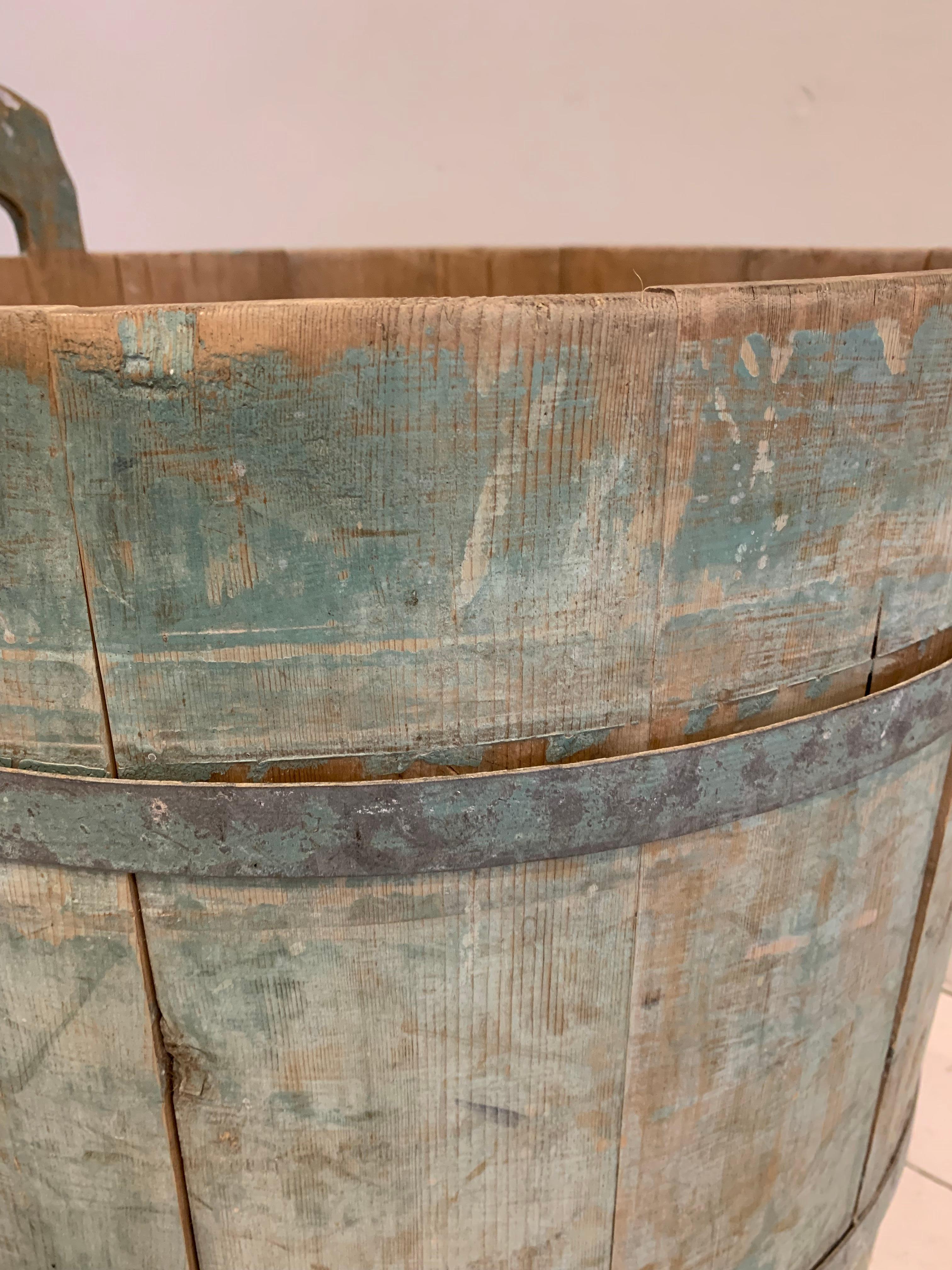 Metal 18th Century Swedish Rustic Pale Blue Painted Decorative Barrel with Handles For Sale