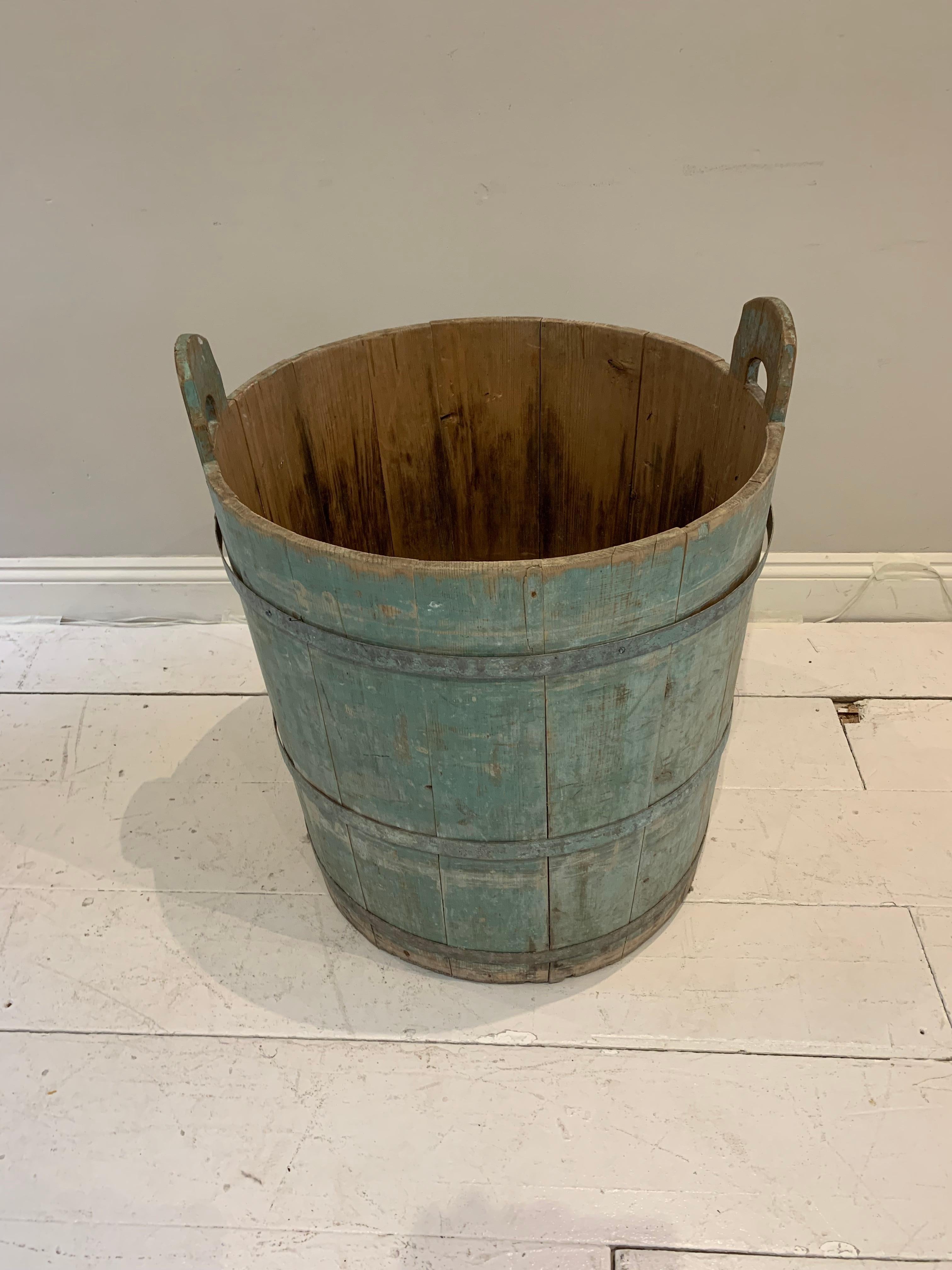 18th Century Swedish Rustic Pale Blue Painted Decorative Barrel with Handles For Sale 2