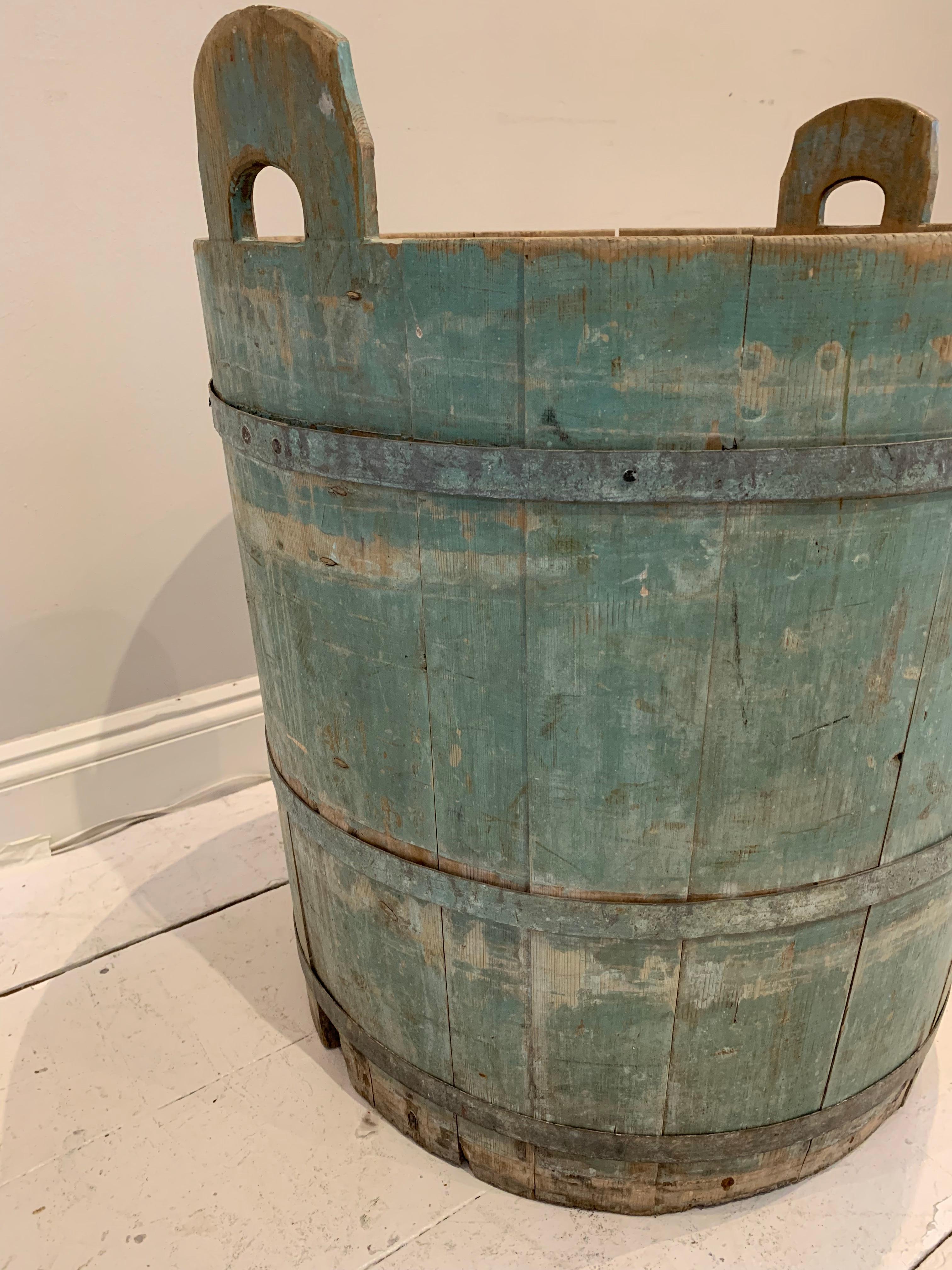 18th Century Swedish Rustic Pale Blue Painted Decorative Barrel with Handles For Sale 3