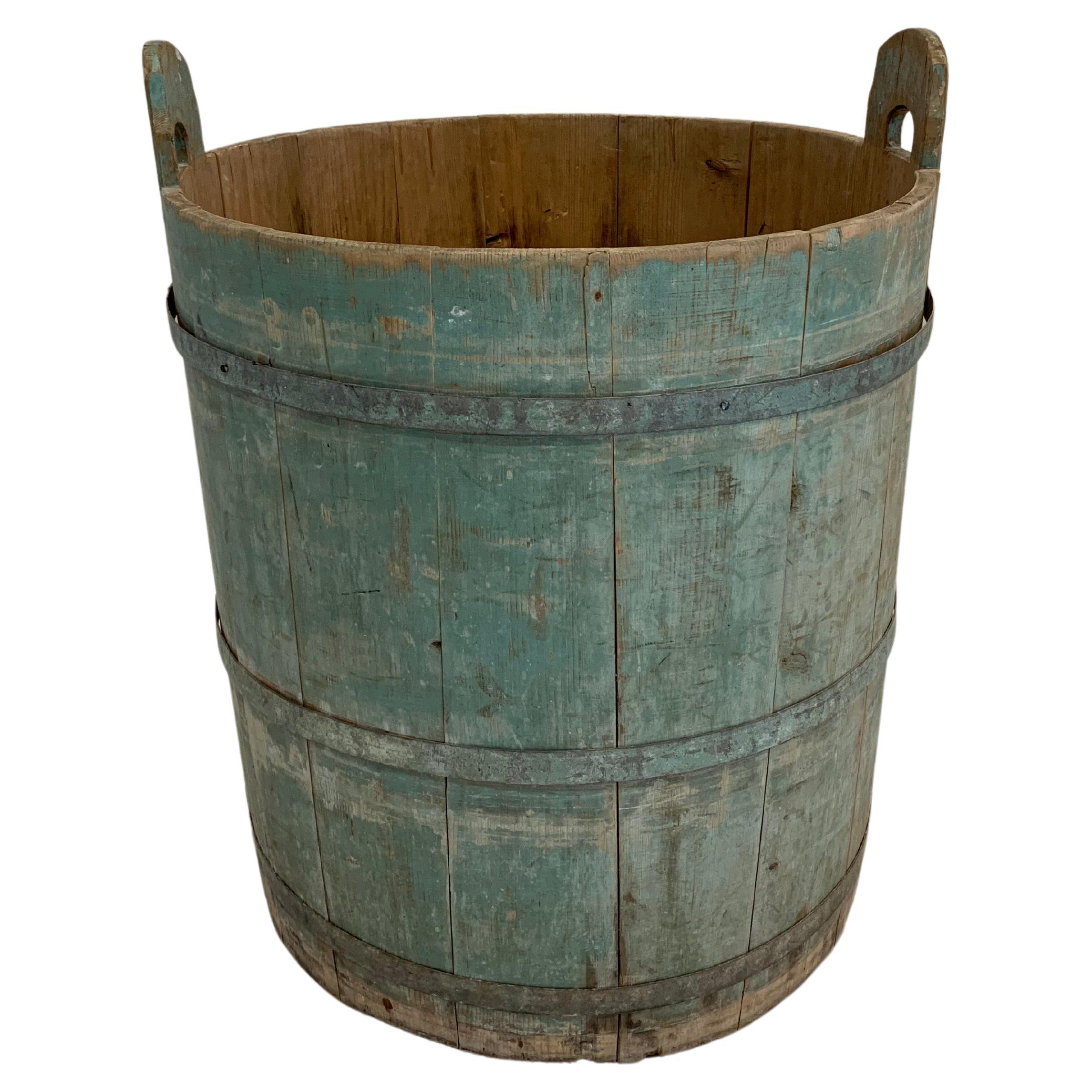 18th Century Swedish Rustic Pale Blue Painted Decorative Barrel with Handles For Sale