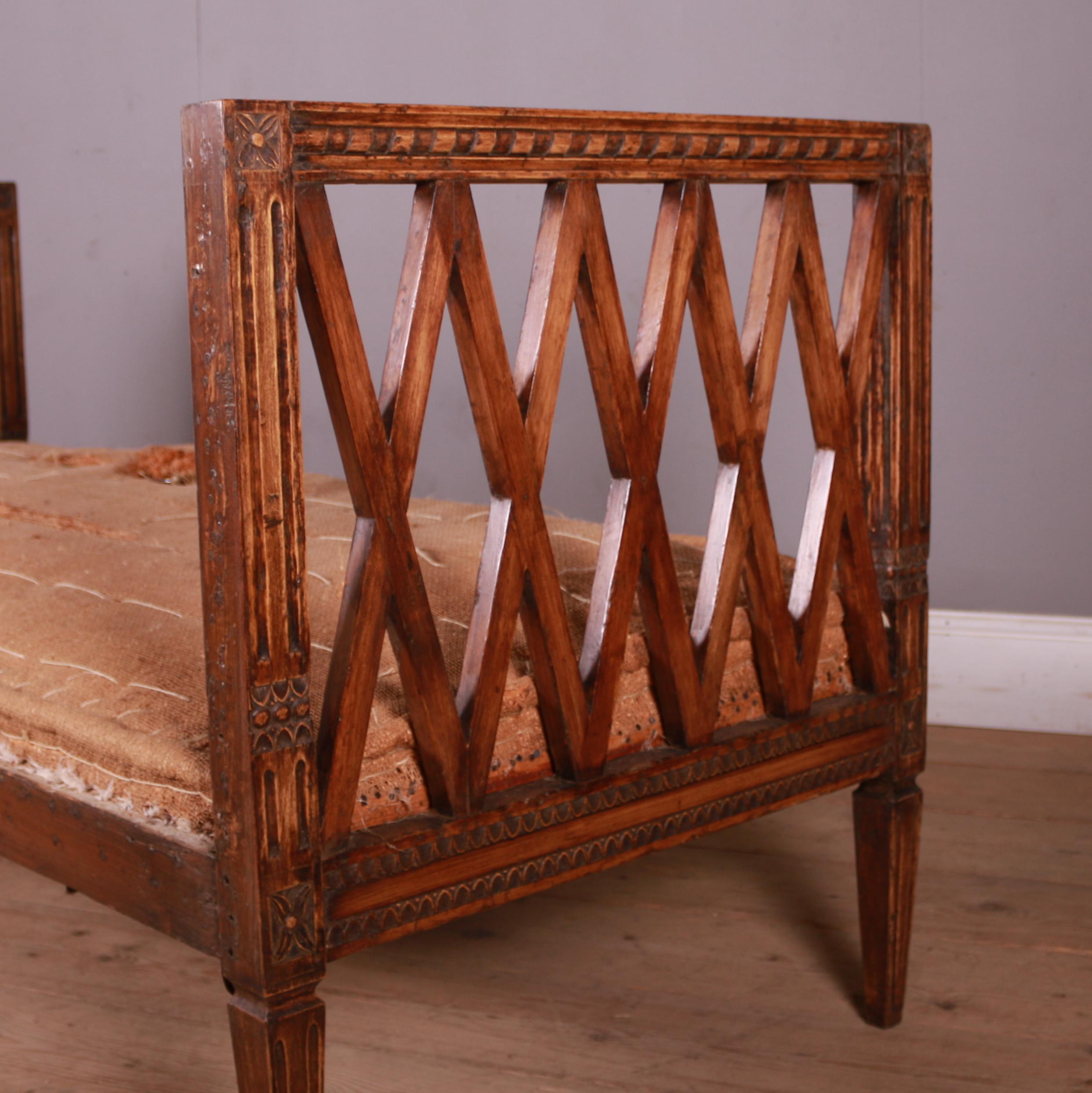 18th C Swedish pine open back settle. In need of re-upholstery. 1790.

Seat height is 18