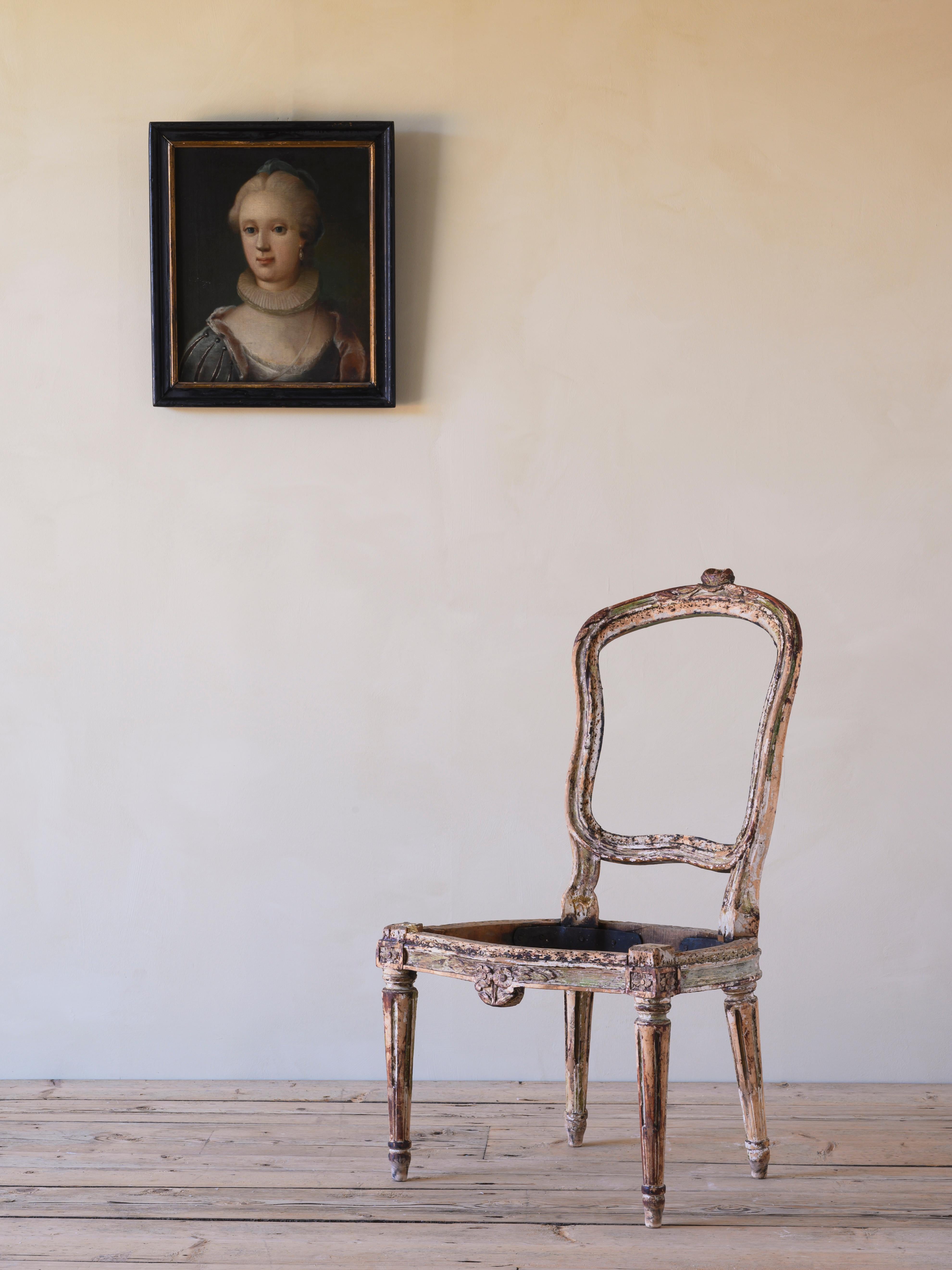 Fine 18th century Swedish transitional Rococo & Gustavian chair with royal proportions, circa 1775 Stockholm, Sweden. The two styles merge together finely with the Rococo curvy back and typical tapered Gustavian legs, hard to beat, Condition is good